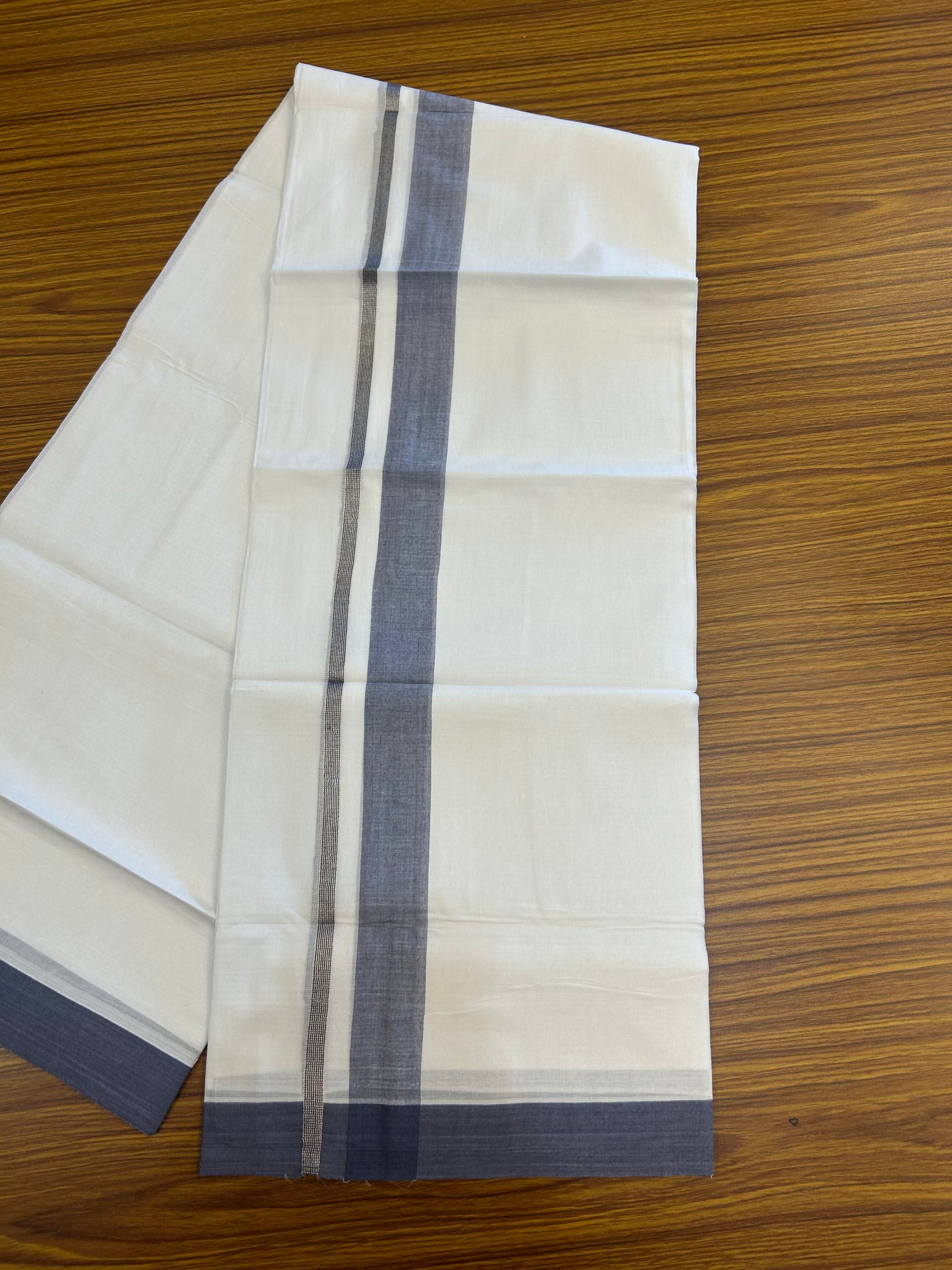20% Discount ! KaithariKada Balaramapuram 100% Cotton Pure white Double Mundu/Dhoti - 100x80 - 1.5 inch Silver Kasav & Ash Blue Shaded Kara 4 M (8.5 muzham) - 65 KK5363 VIN