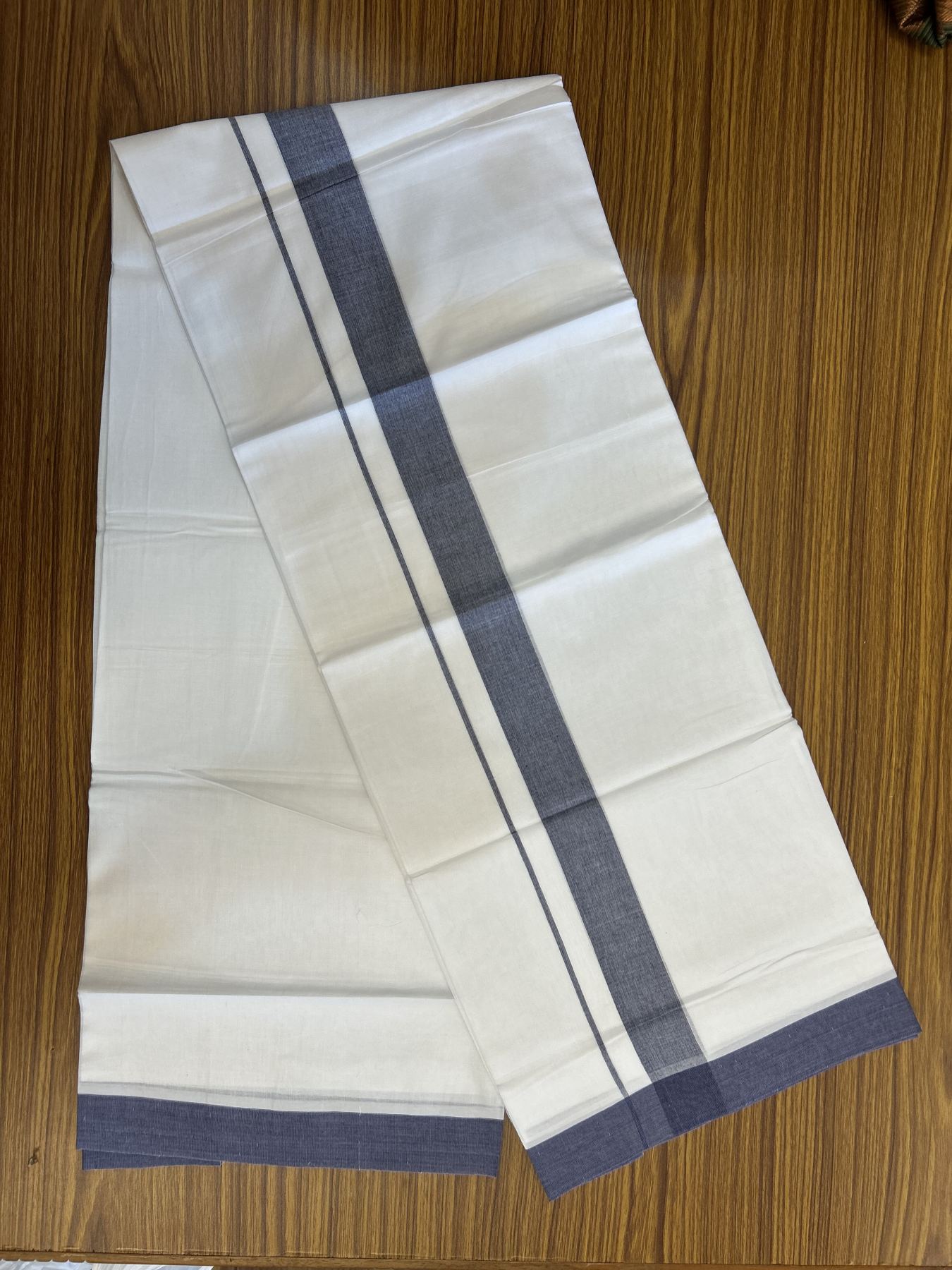 20% Discount! KaithariKada Balaramapuram 100% Cotton Double Pure white Mundu/Dhoti - 100X80 - 1.5 inch Navy Blue shaded kara - 4 mtr ( 8.5 muzham) - 48 KK5341 VIN