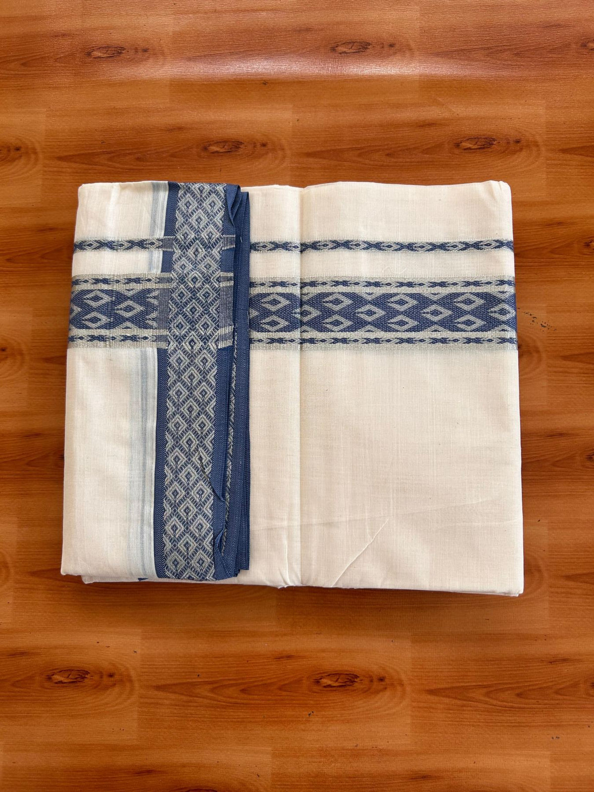 Double Off White (Unbleached) Mund/Dhoti - 20% Discount! KaithariKada 100% Cotton - 100x80- 1.75 inch Dark Azure Blue Silver Kasav Jacquard Design Kara 4 mtr (8.5 Muzham) - 37 KK5520 PMC