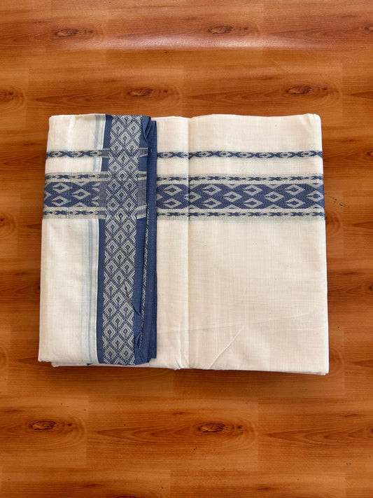 Double Off White (Unbleached) Mund/Dhoti - 20% Discount! KaithariKada 100% Cotton - 100x80- 1.75 inch Dark Azure Blue Silver Kasav Jacquard Design Kara 4 mtr (8.5 Muzham) - 37 KK5520 PMC