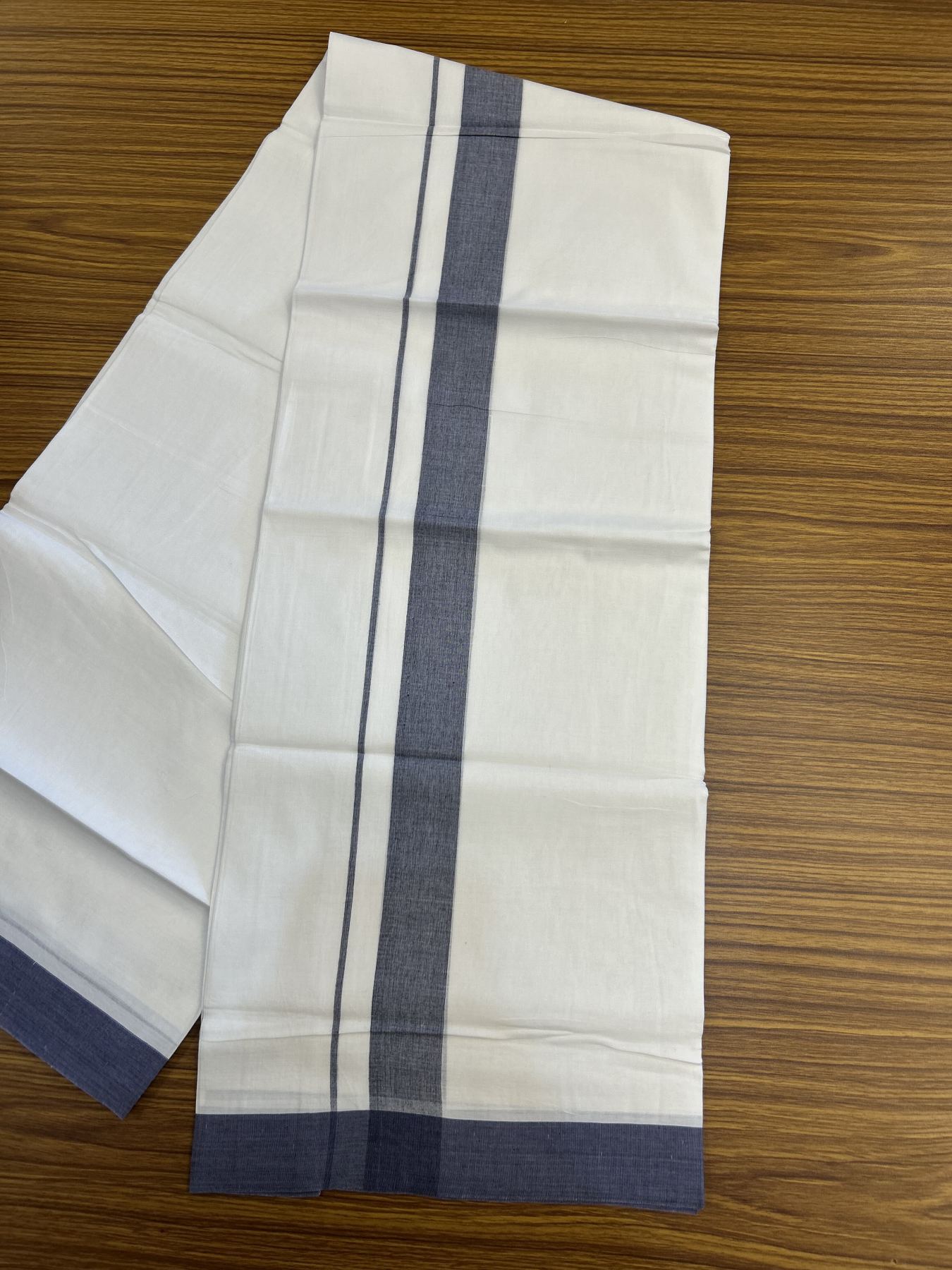 20% Discount! KaithariKada Balaramapuram 100% Cotton Double Pure white Mundu/Dhoti - 100X80 - 1.5 inch Navy Blue shaded kara - 4 mtr ( 8.5 muzham) - 48 KK5341 VIN