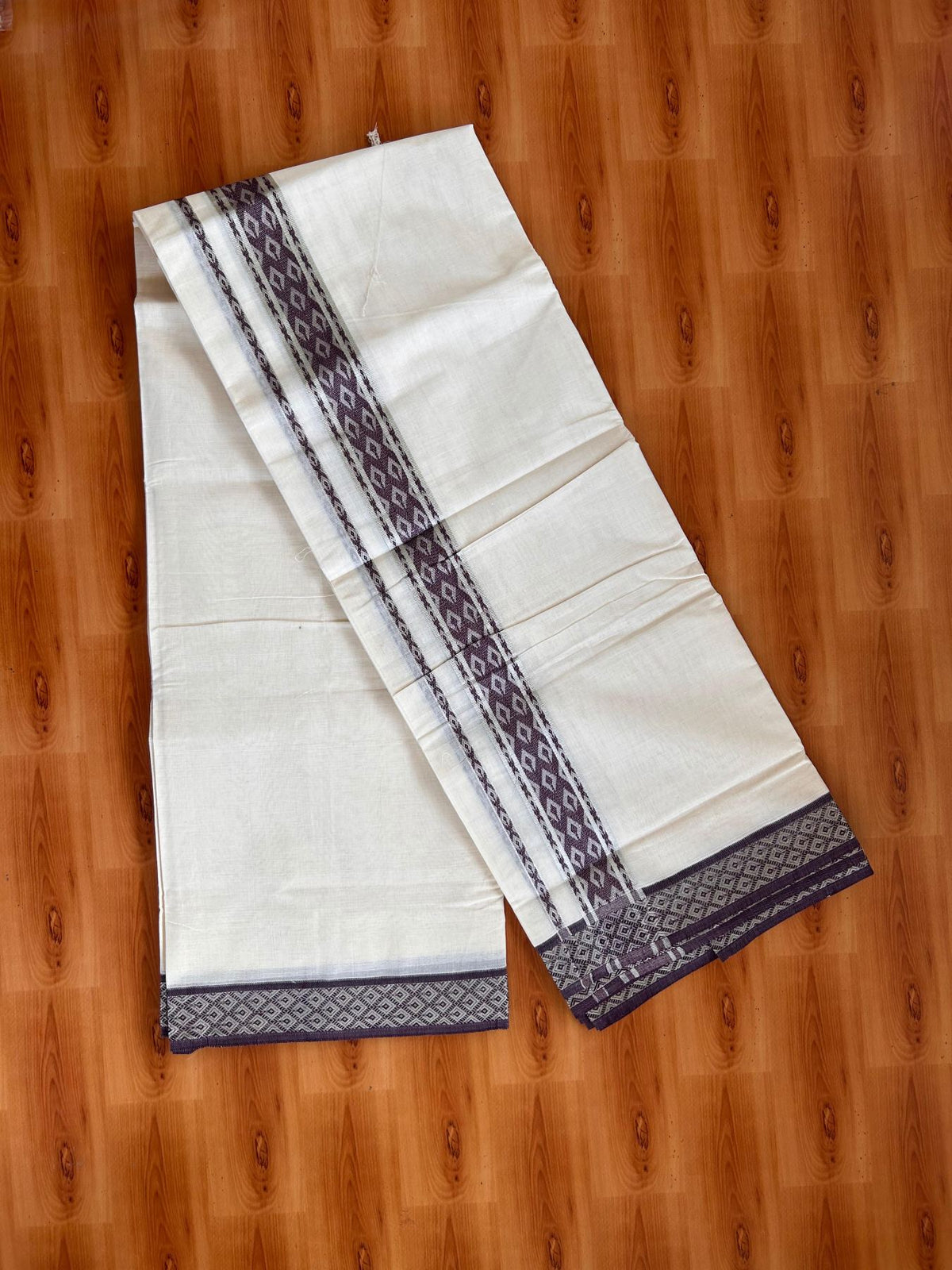 Double Off White (Unbleached) Mund/Dhoti - 20% Discount! KaithariKada 100% Cotton - 100x80- 1.75 inch Purple Brown Silver Kasav Jacquard Design Kara 4 mtr (8.5 Muzham) - 38 KK5520 PMC