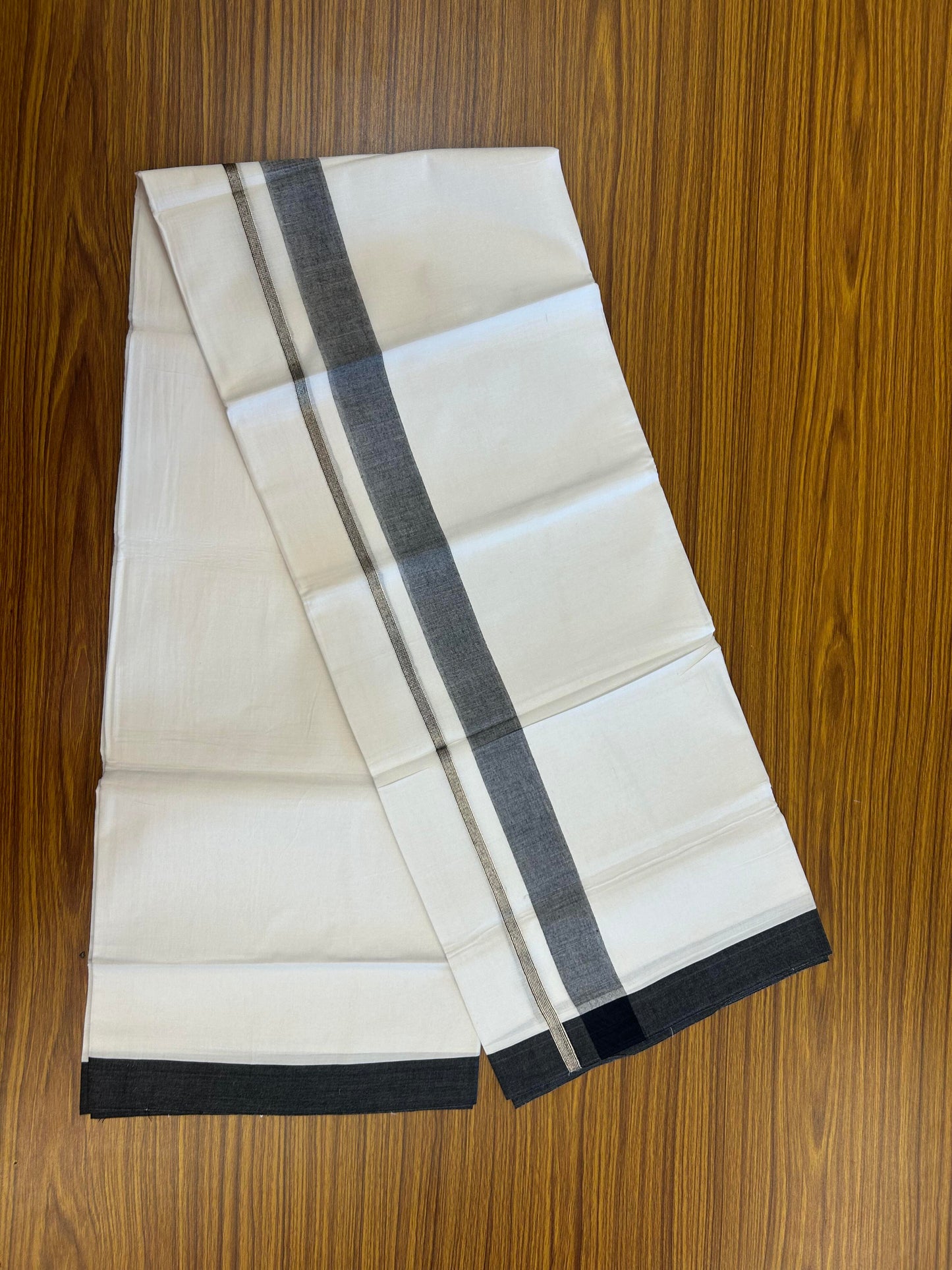 20% Discount ! KaithariKada Balaramapuram 100% Cotton Pure white Double Mundu/Dhoti - 100x80 - 1.5 inch Silver Kasav & Black Shaded Kara 4 M (8.5 muzham) - 66 KK5363 VIN