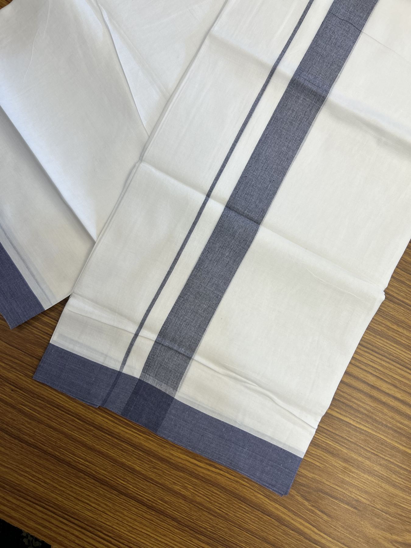 20% Discount! KaithariKada Balaramapuram 100% Cotton Double Pure white Mundu/Dhoti - 100X80 - 1.5 inch Navy Blue shaded kara - 4 mtr ( 8.5 muzham) - 48 KK5341 VIN