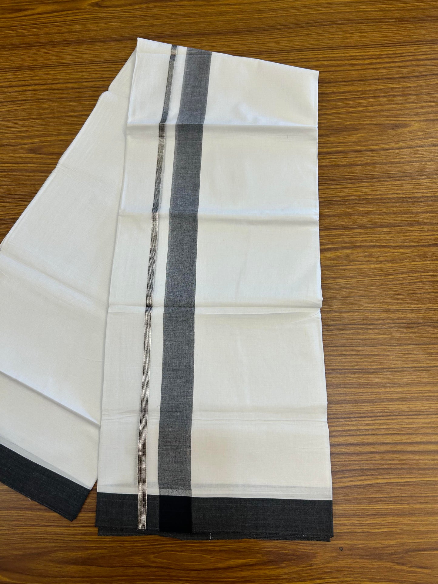 20% Discount ! KaithariKada Balaramapuram 100% Cotton Pure white Double Mundu/Dhoti - 100x80 - 1.5 inch Silver Kasav & Black Shaded Kara 4 M (8.5 muzham) - 66 KK5363 VIN