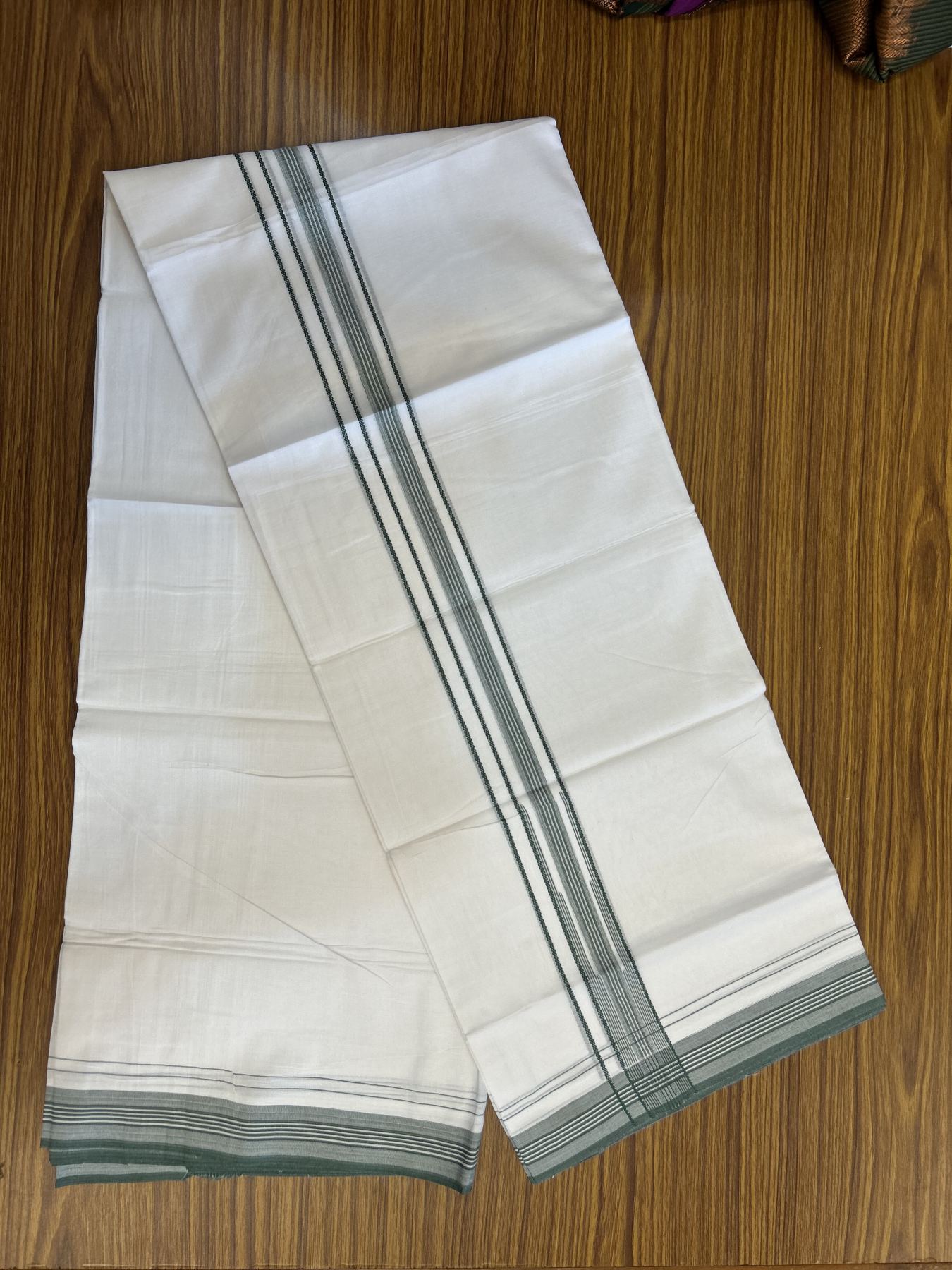 20% Discount! KaithariKada Balaramapuram 100% Cotton Double Pure white Mundu/Dhoti - 100X80 - 1.25 inch Green Stripes Chutty kara - 4 mtr ( 8.5 muzham) - 101 KK5341 VIN