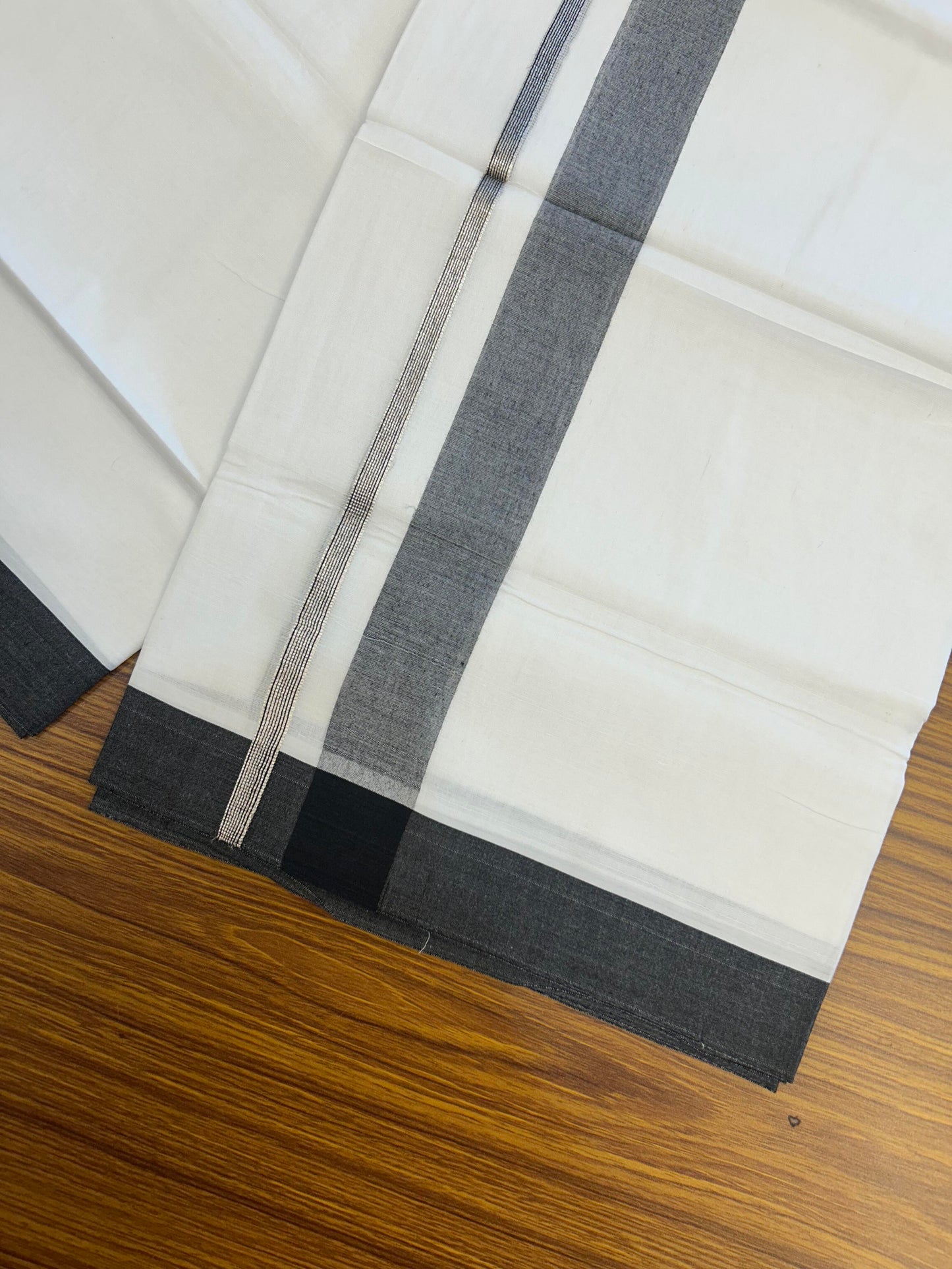 20% Discount ! KaithariKada Balaramapuram 100% Cotton Pure white Double Mundu/Dhoti - 100x80 - 1.5 inch Silver Kasav & Black Shaded Kara 4 M (8.5 muzham) - 66 KK5363 VIN