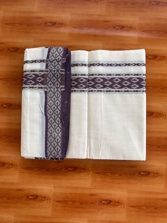Double Off White (Unbleached) Mund/Dhoti - 20% Discount! KaithariKada 100% Cotton - 100x80- 1.75 inch Purple Brown Silver Kasav Jacquard Design Kara 4 mtr (8.5 Muzham) - 38 KK5520 PMC