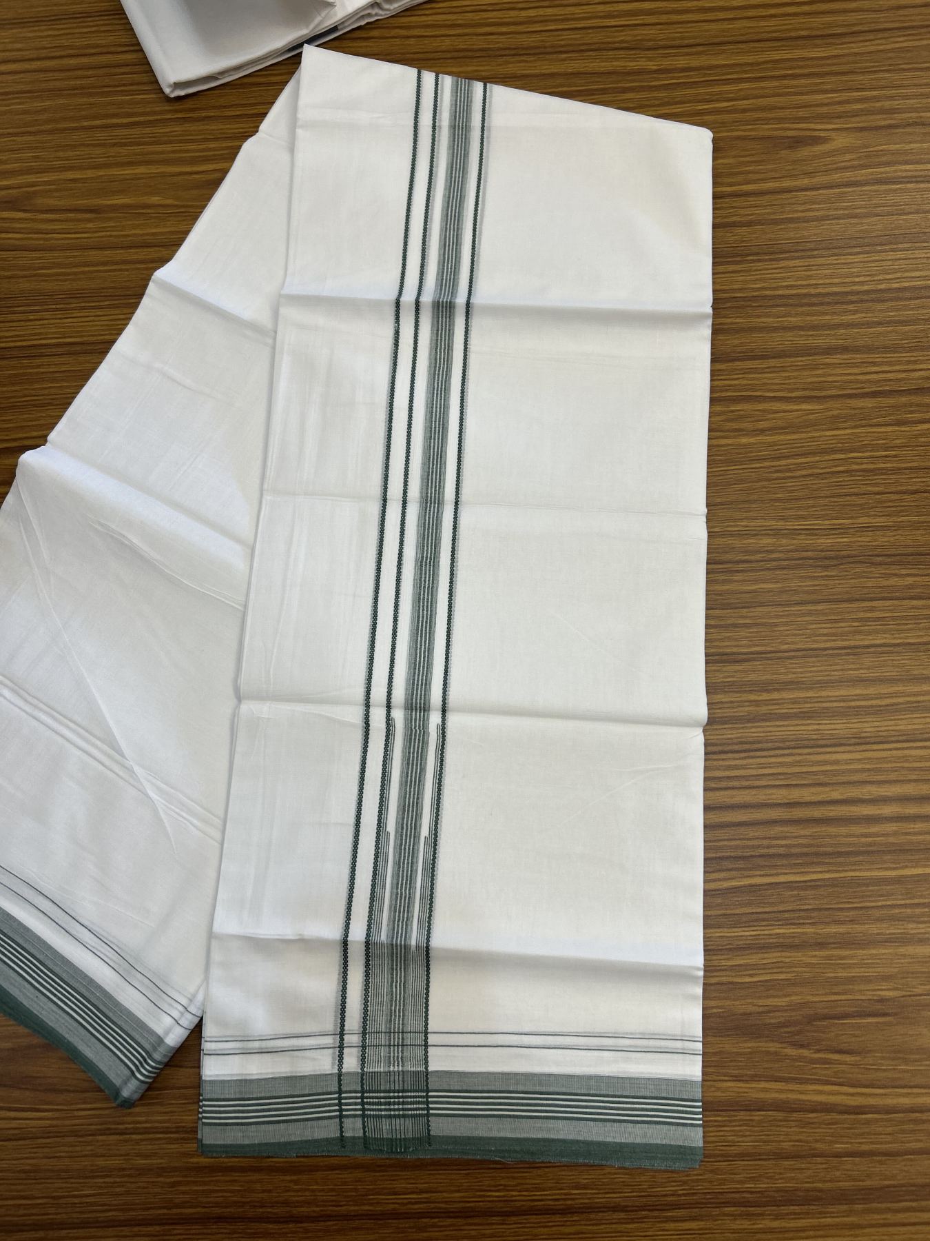 20% Discount! KaithariKada Balaramapuram 100% Cotton Double Pure white Mundu/Dhoti - 100X80 - 1.25 inch Green Stripes Chutty kara - 4 mtr ( 8.5 muzham) - 101 KK5341 VIN