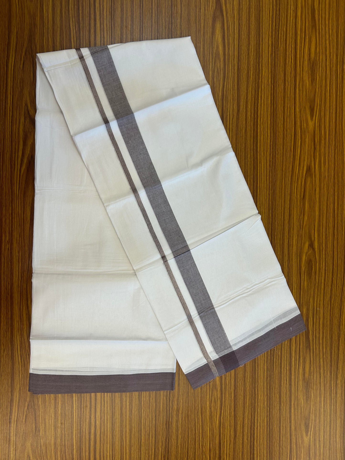 20% Discount ! KaithariKada Balaramapuram 100% Cotton Pure white Double Mundu/Dhoti - 100x80 - 1.5 inch Silver Kasav & Purple Ash Shaded Kara 4 M (8.5 muzham) - 68 KK5363 VIN