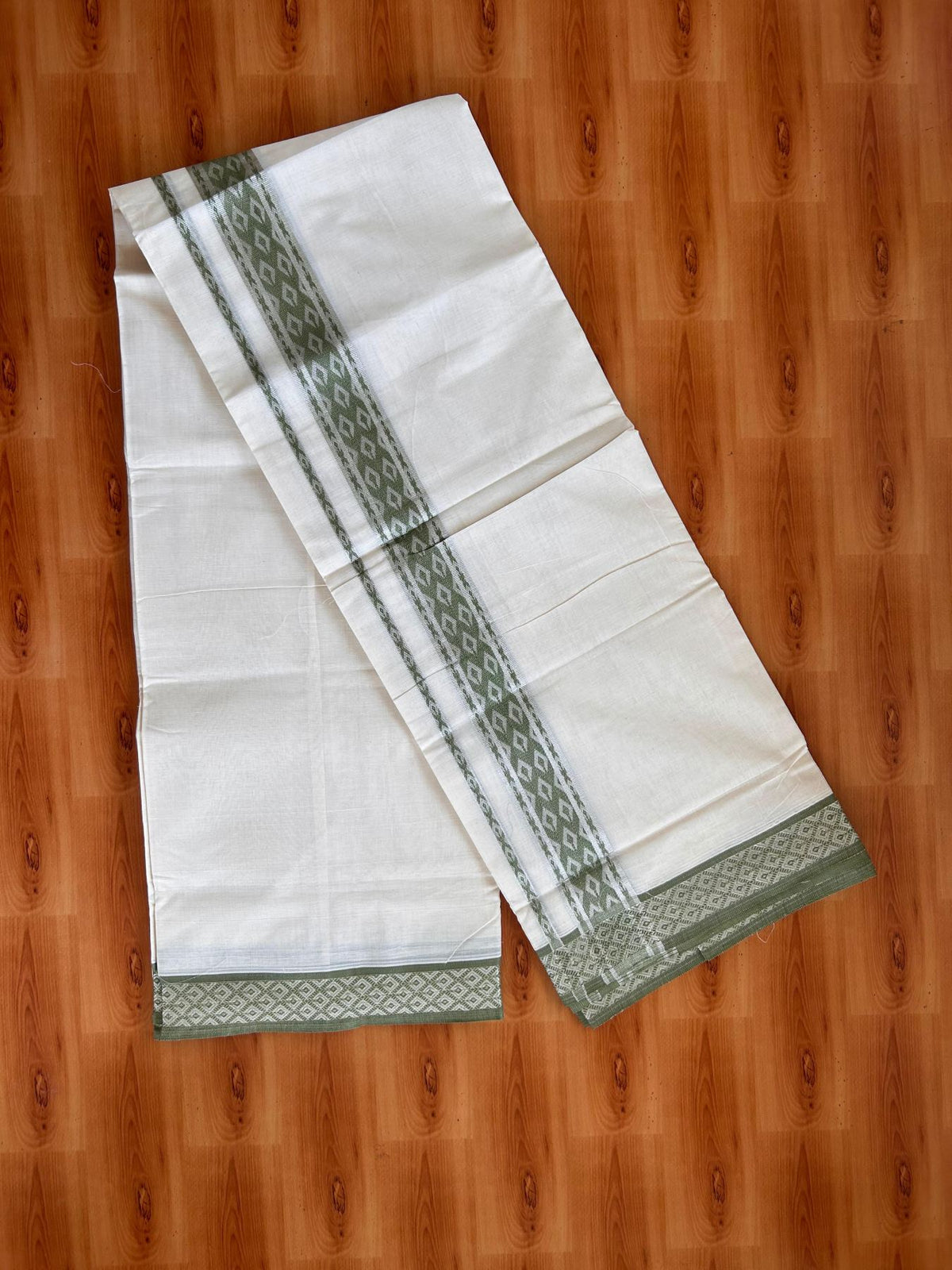 Double Off White (Unbleached) Mund/Dhoti - 20% Discount! KaithariKada 100% Cotton - 100x80- 1.75 inch Light Olive Green Silver Kasav Jacquard Design Kara 4 mtr (8.5 Muzham) - 39 KK5520 PMC