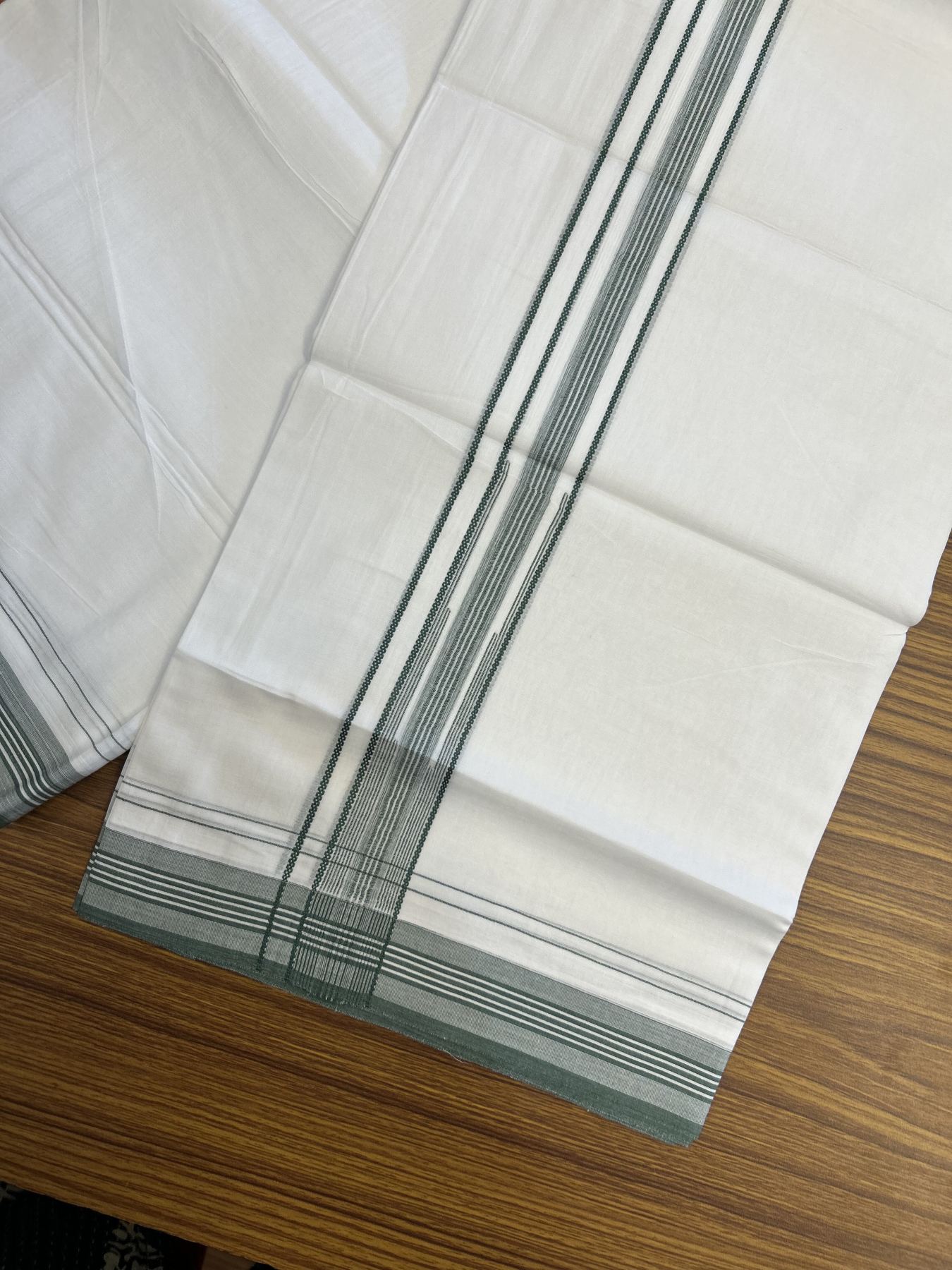 20% Discount! KaithariKada Balaramapuram 100% Cotton Double Pure white Mundu/Dhoti - 100X80 - 1.25 inch Green Stripes Chutty kara - 4 mtr ( 8.5 muzham) - 101 KK5341 VIN