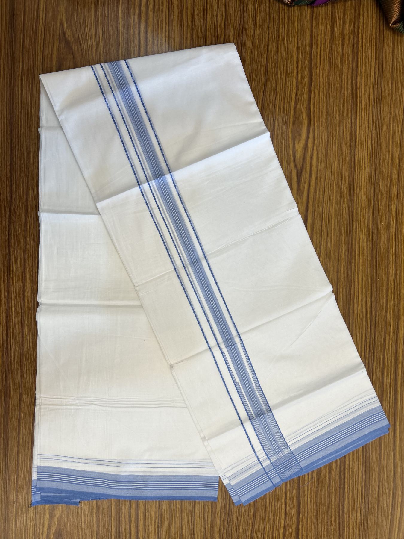 20% Discount! KaithariKada Balaramapuram 100% Cotton Double Pure white Mundu/Dhoti - 100X80 - 1.25 inch Blue Stripes Chutty kara - 4 mtr ( 8.5 muzham) - 102 KK5341 VIN