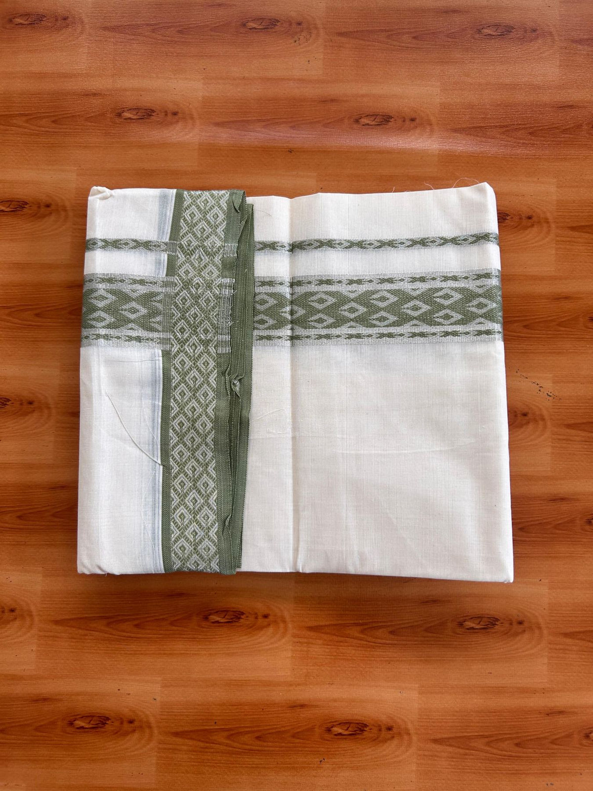Double Off White (Unbleached) Mund/Dhoti - 20% Discount! KaithariKada 100% Cotton - 100x80- 1.75 inch Light Olive Green Silver Kasav Jacquard Design Kara 4 mtr (8.5 Muzham) - 39 KK5520 PMC