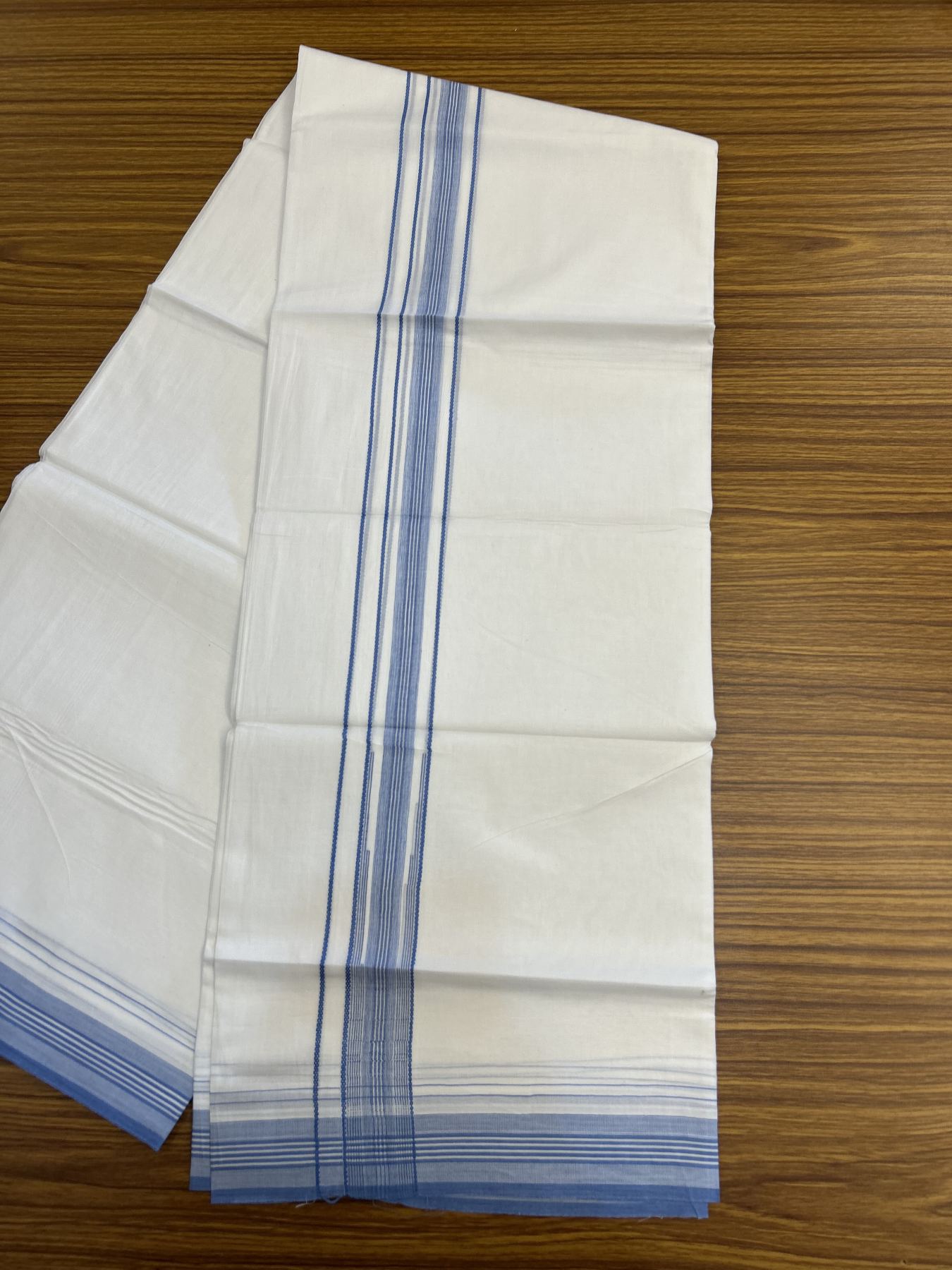 20% Discount! KaithariKada Balaramapuram 100% Cotton Double Pure white Mundu/Dhoti - 100X80 - 1.25 inch Blue Stripes Chutty kara - 4 mtr ( 8.5 muzham) - 102 KK5341 VIN