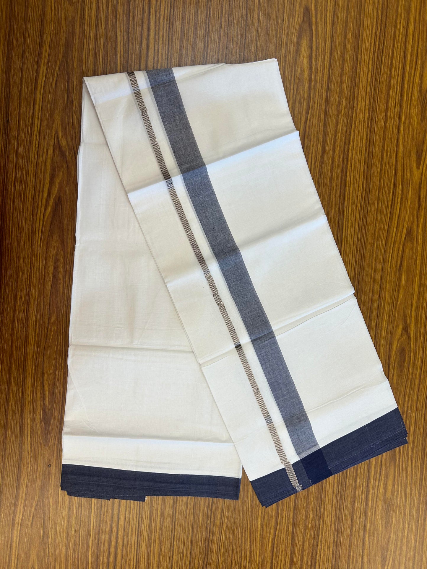 20% Discount ! KaithariKada Balaramapuram 100% Cotton Pure white Double Mundu/Dhoti - 100x80 - 1.5 inch Silver Kasav & Dark Blue Shaded Kara 4 M (8.5 muzham) - 67 KK5363 VIN