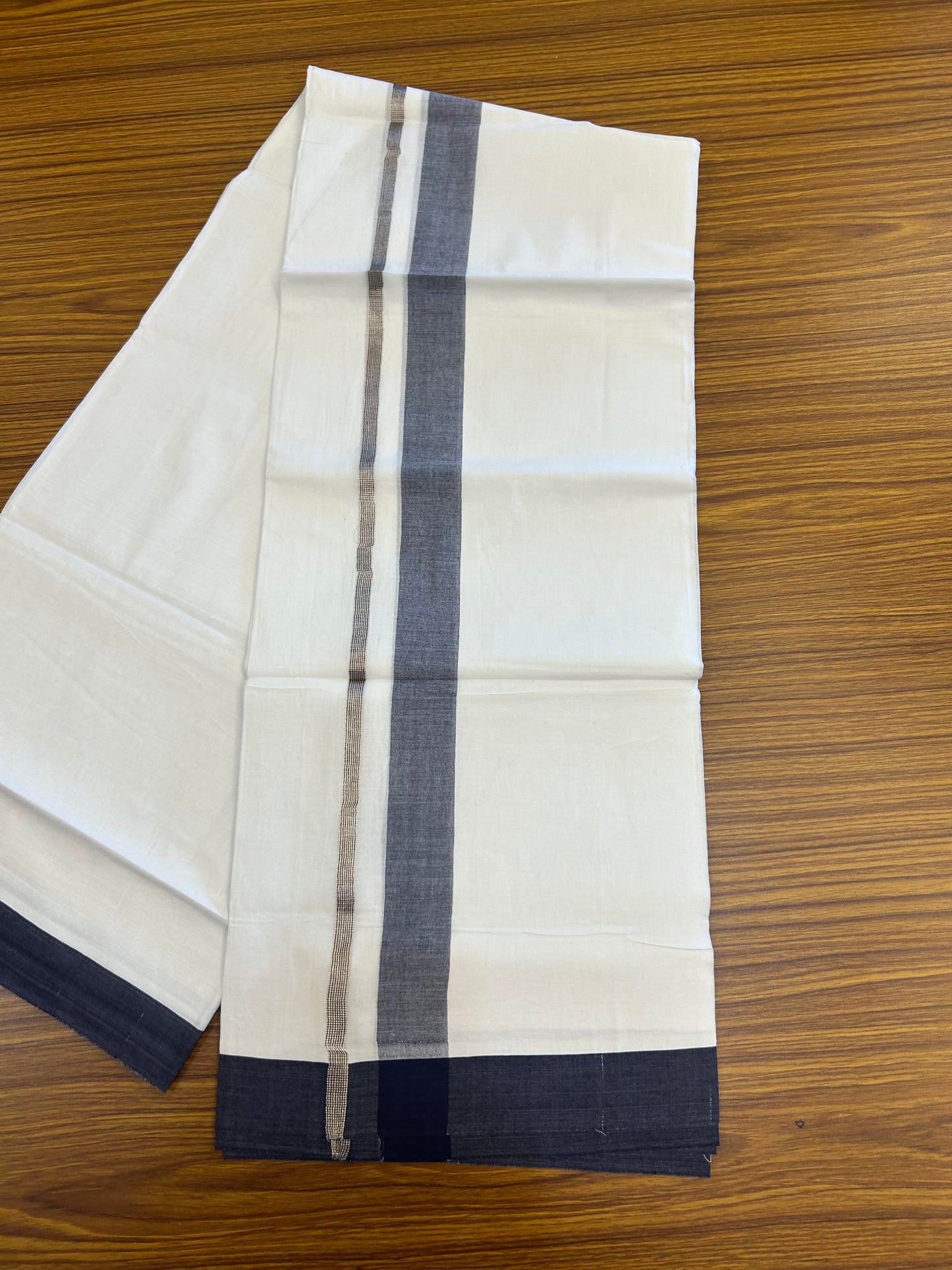 20% Discount ! KaithariKada Balaramapuram 100% Cotton Pure white Double Mundu/Dhoti - 100x80 - 1.5 inch Silver Kasav & Dark Blue Shaded Kara 4 M (8.5 muzham) - 67 KK5363 VIN