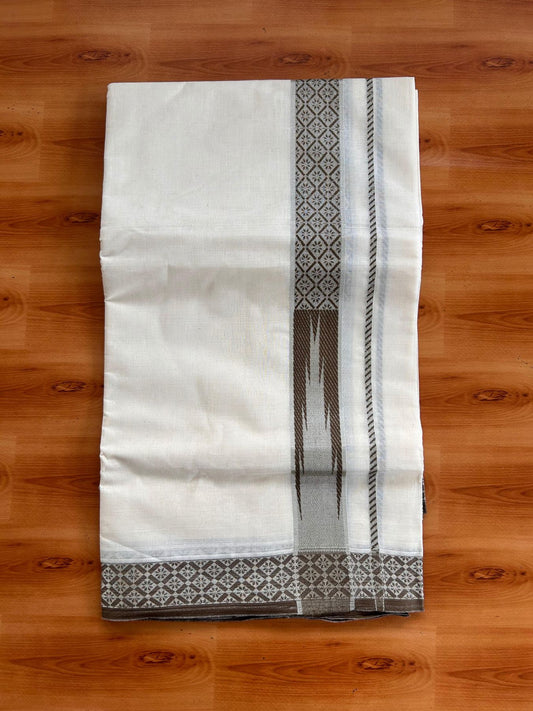 Double Off White (Unbleached) Mund/Dhoti - 20% Discount! KaithariKada 100% Cotton - 100x80- 1.5 inch Bronze Olive Silver Kasav Jacquard Design Chutty Kara 4 mtr (8.5 Muzham) - 40 KK5520 PMC