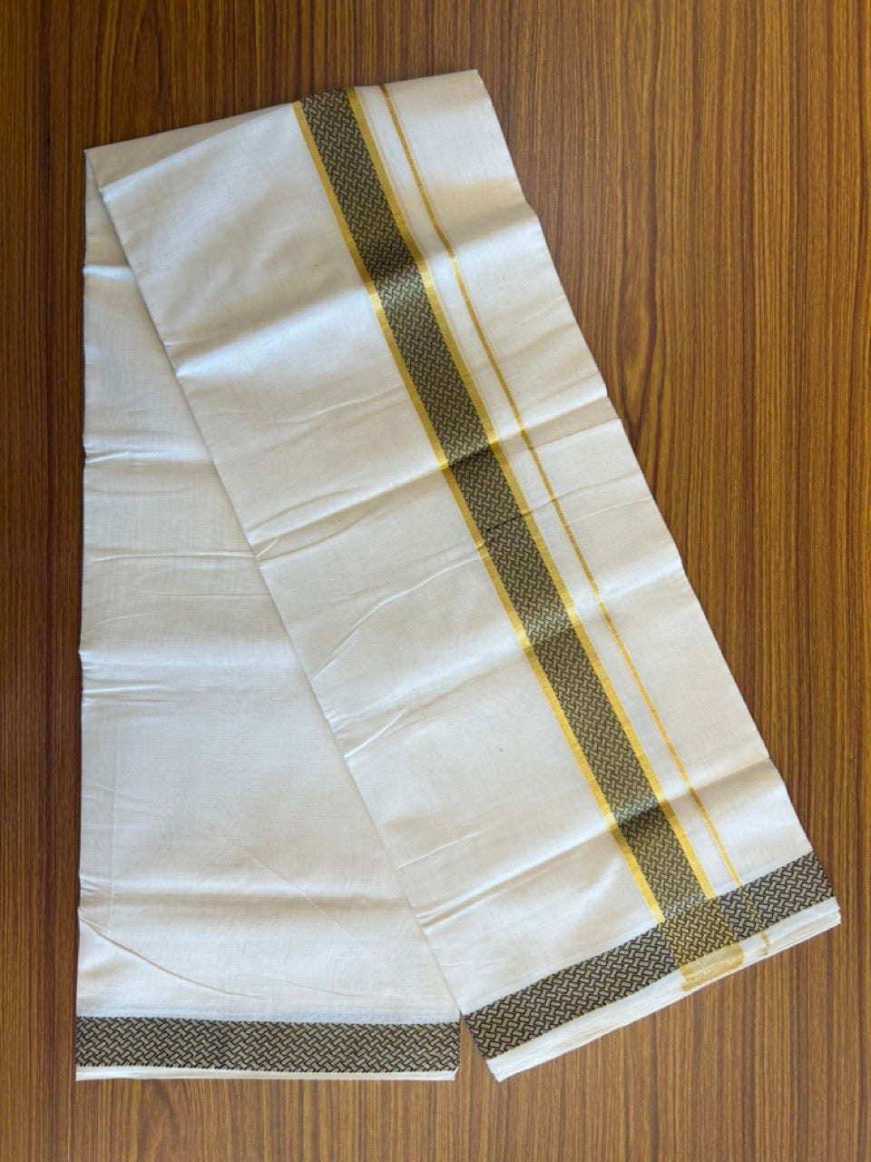 25% Discount!!! KaithariKada HANDLOOM UNAKKUPAAV Balaramapuram - 100% PURE Cotton off white (Unbleached) 100x100 - Double Mundu/Dhoti - 2.75 inch Kasavu & brown pattern kara - 9KK5096YAR