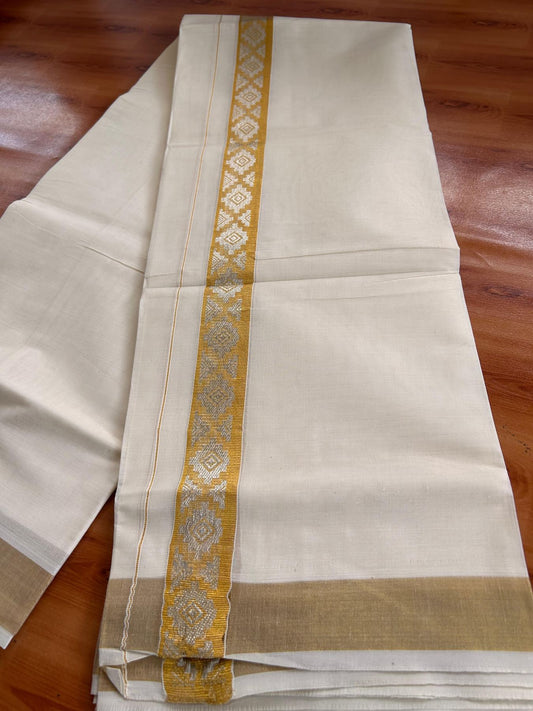 Double Off White (Unbleached) Mund/Dhoti - 20% Discount! KaithariKada Mixed Cotton - 60s - 1.5 inch Gold Silver Kasav Jacquard Design Kara 4 mtr (8.5 Muzham) - 41 KK5520 PMC