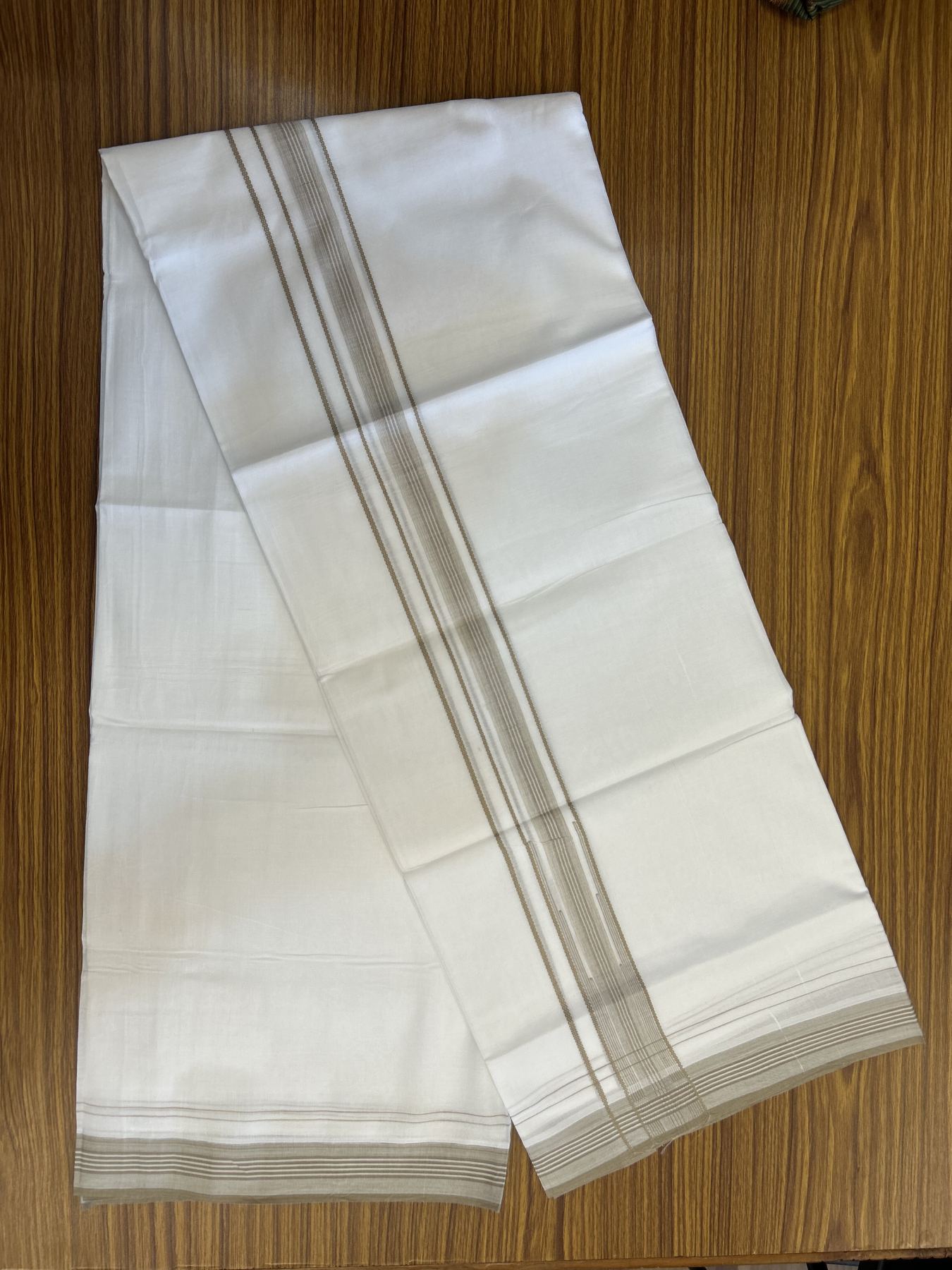 20% Discount! KaithariKada Balaramapuram 100% Cotton Double Pure white Mundu/Dhoti - 100X80 - 1.25 inch Sand Brown Stripes Chutty kara - 4 mtr ( 8.5 muzham) - 103 KK5341 VIN