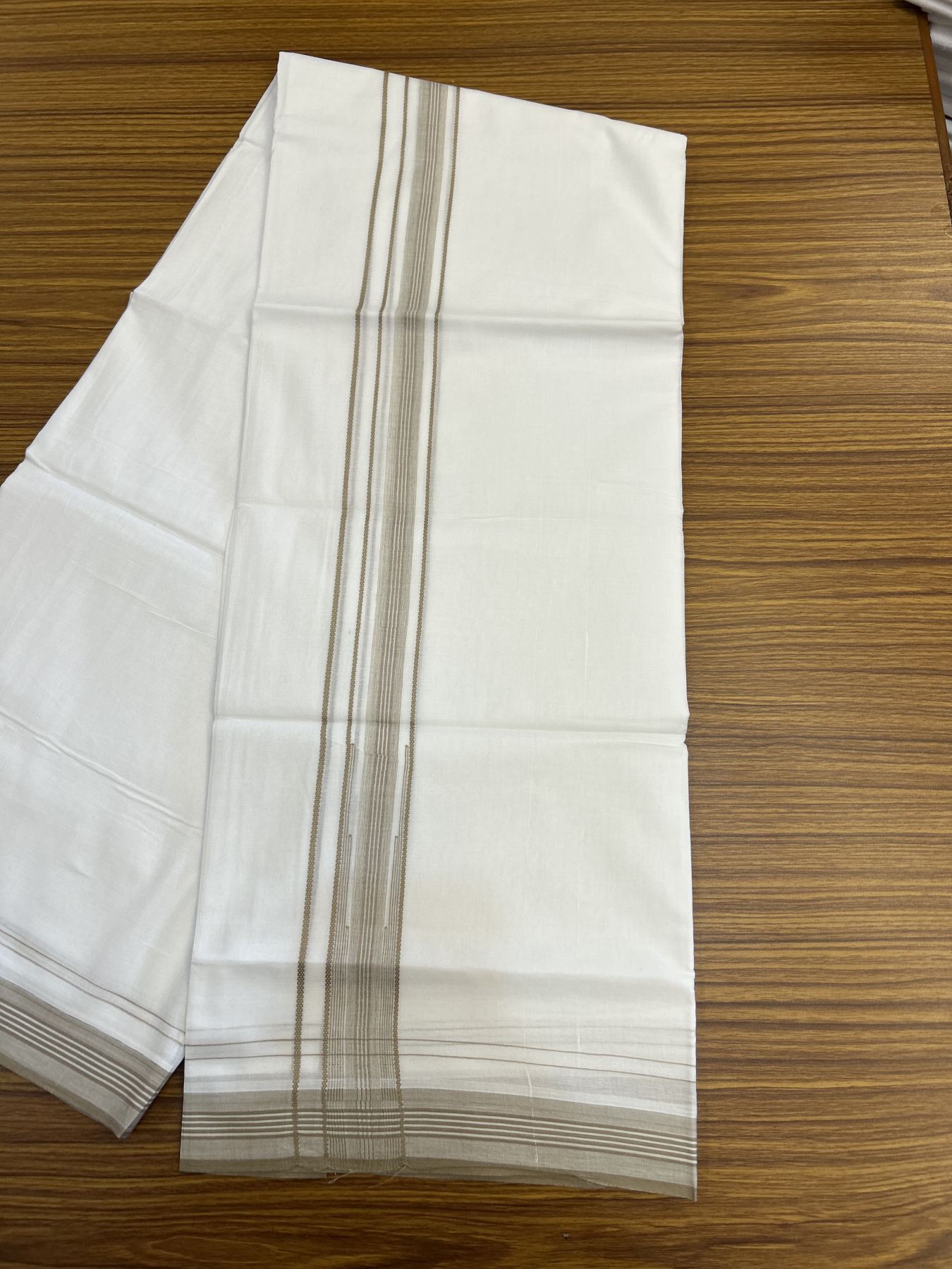 20% Discount! KaithariKada Balaramapuram 100% Cotton Double Pure white Mundu/Dhoti - 100X80 - 1.25 inch Sand Brown Stripes Chutty kara - 4 mtr ( 8.5 muzham) - 103 KK5341 VIN