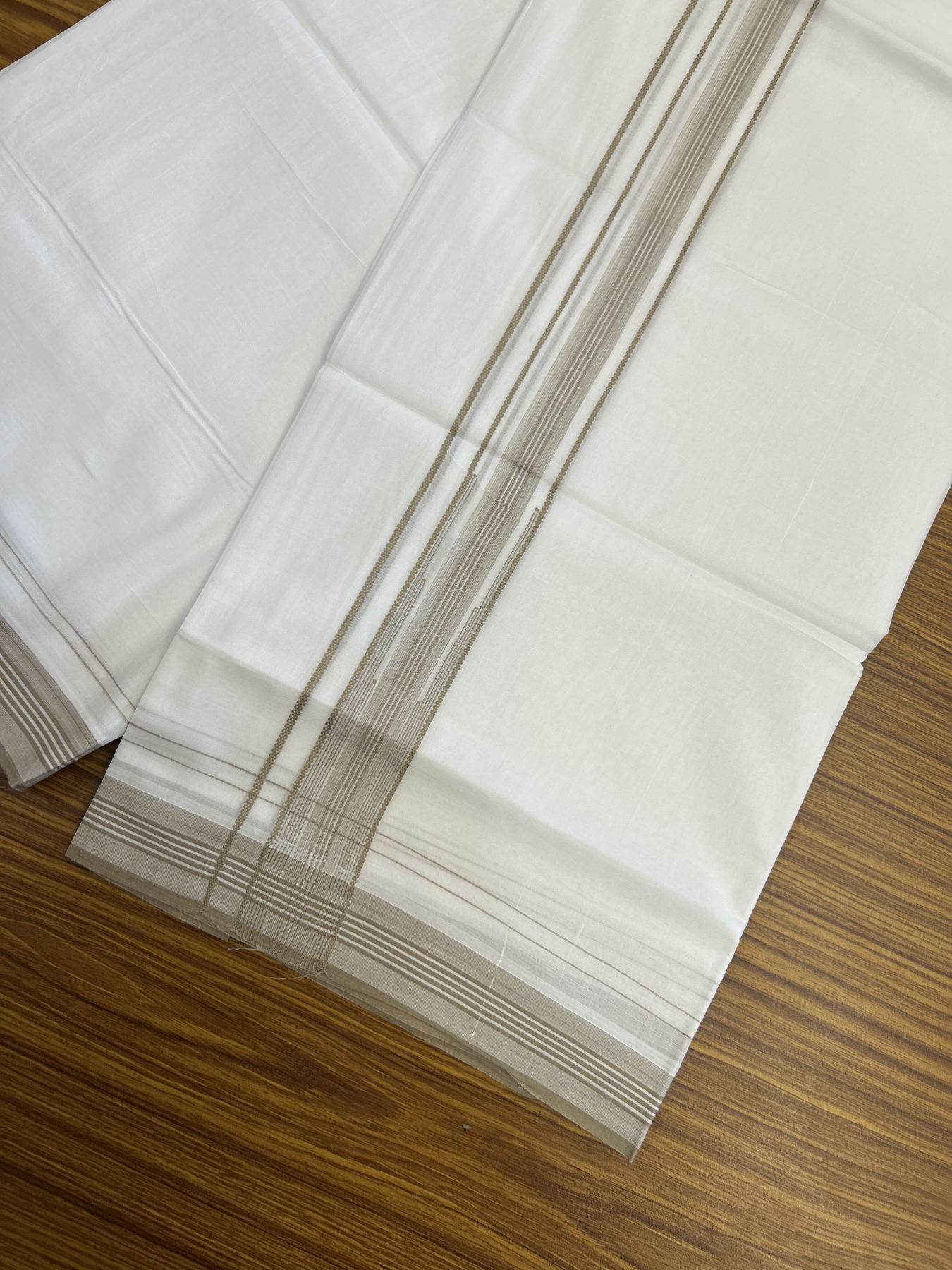 20% Discount! KaithariKada Balaramapuram 100% Cotton Double Pure white Mundu/Dhoti - 100X80 - 1.25 inch Sand Brown Stripes Chutty kara - 4 mtr ( 8.5 muzham) - 103 KK5341 VIN