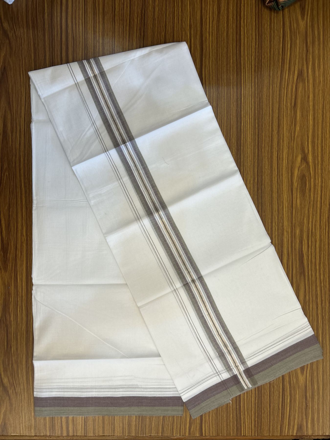 20% Discount! KaithariKada Balaramapuram 100% Cotton Double Pure white Mundu/Dhoti - 100X80 - 1.5 inch Silver Sage Green & Wine Purple shaded Stripes kara - 4 mtr ( 8.5 muzham) - 133 KK5341 VIN