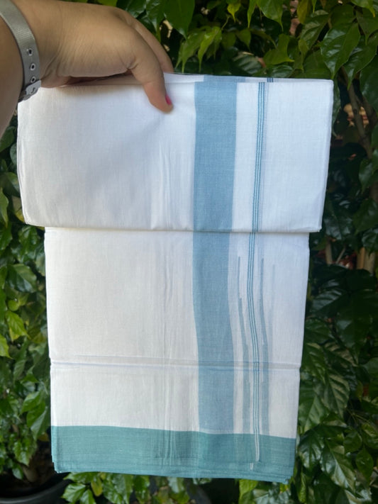 20% Discount!!! KaithariKada Balaramapuram  Double PURE WHITE Mundu/Dhoti - (80s) - 1.25 inch  puliyilakkara Light Peacock Blue Shaded chutty Kara - 3.80 mtr ( 8 muzham)- 6KK5239 GAN