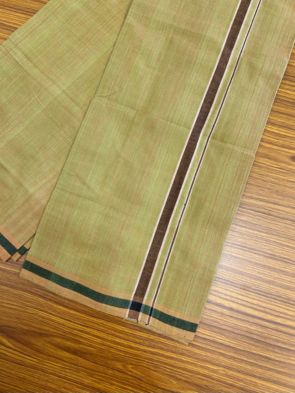 Handloom Single Hallmarked - 10% Discount !! KaithariKada 100% Pure Cotton - Mundu/Dhoti Yellow Green Body - 0.75 inch Maroon Stripes Kara- (2 meter / 4 muzham) - 48 KK8032 ELA