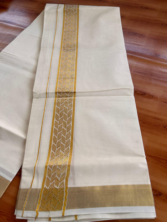 Double Off White (Unbleached) Mund/Dhoti - 20% Discount! KaithariKada Mixed Cotton - 60s - 2 inch Gold Kasav Jacquard Design Kara 4 mtr (8.5 Muzham) - 43 KK5520 PMC