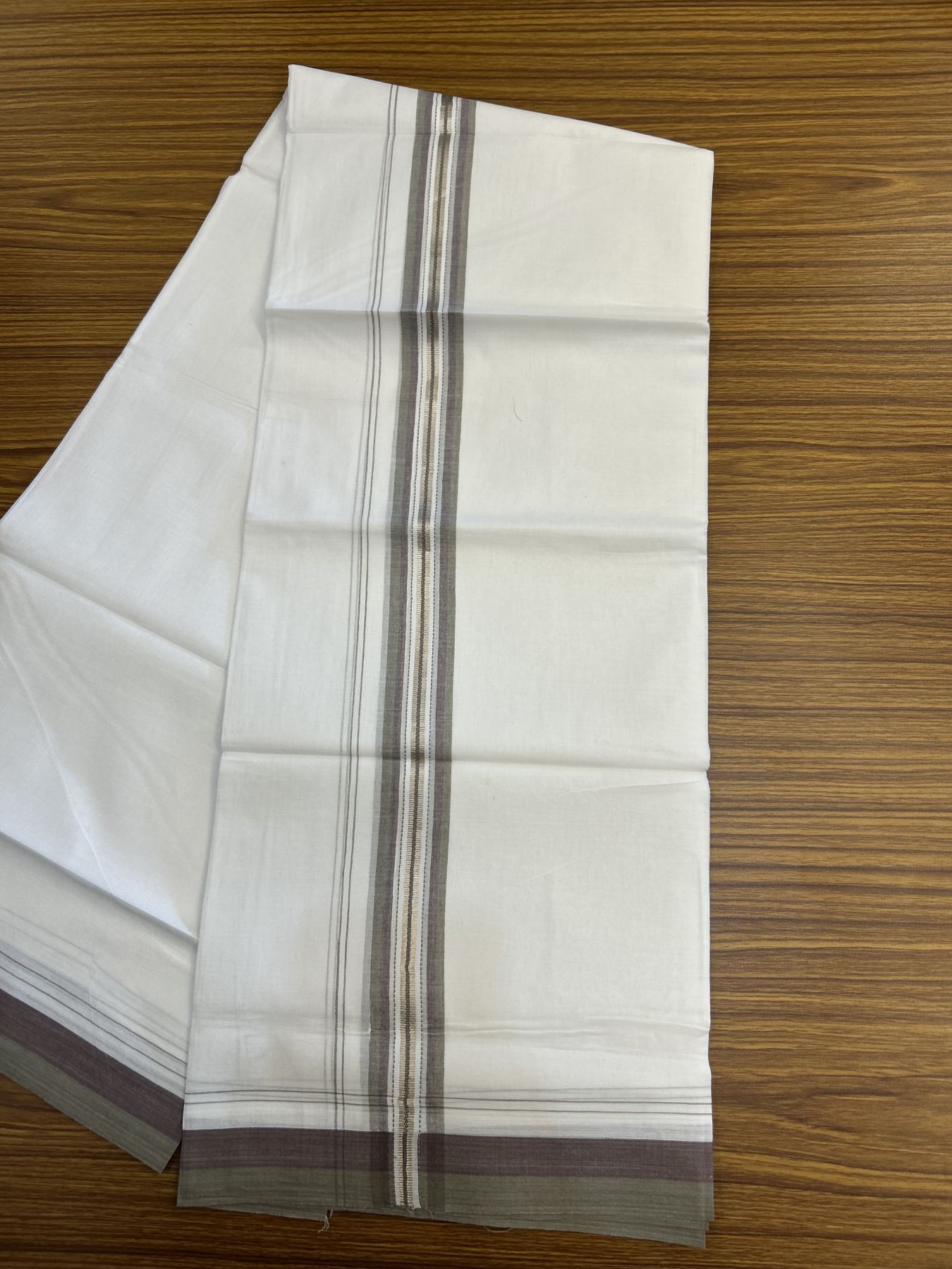 20% Discount! KaithariKada Balaramapuram 100% Cotton Double Pure white Mundu/Dhoti - 100X80 - 1.5 inch Silver Sage Green & Wine Purple shaded Stripes kara - 4 mtr ( 8.5 muzham) - 133 KK5341 VIN