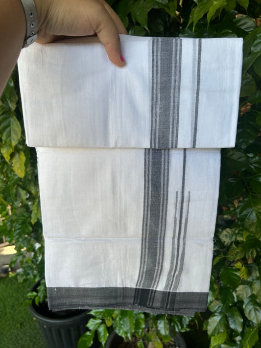 20% Discount!!! KaithariKada Balaramapuram  Double PURE WHITE Mundu/Dhoti - (80s) - 1.25 inch  puliyilakkara Black Shaded Striped chutty Kara - 3.82 mtr ( 8 muzham)- 8KK5239 GAN