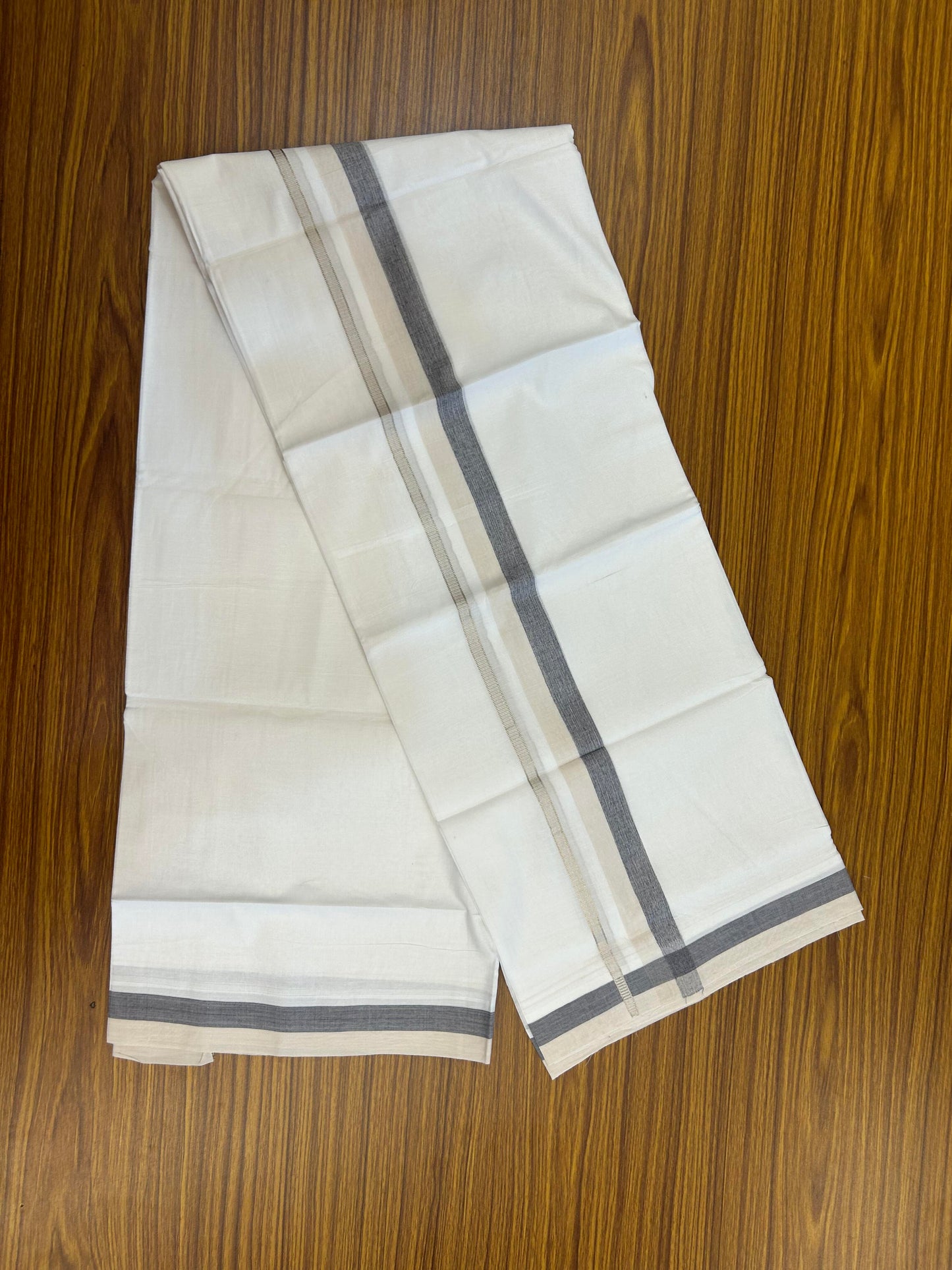 20% Discount ! KaithariKada Balaramapuram 100% Cotton Pure white Double Mundu/Dhoti - 100x80 - 1.25 inch Cream & Ash Black Shaded Kara with Silver Kasav 4 M (8.5 muzham) - 71 KK5363 VIN