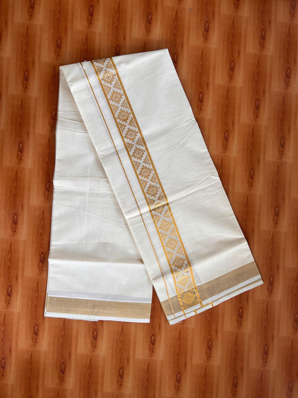Double Off White (Unbleached) Mund/Dhoti - 20% Discount! KaithariKada Mixed Cotton - 60s - 2 inch Gold Kasav Jacquard Design Kara 4 mtr (8.5 Muzham) - 44 KK5520 PMC