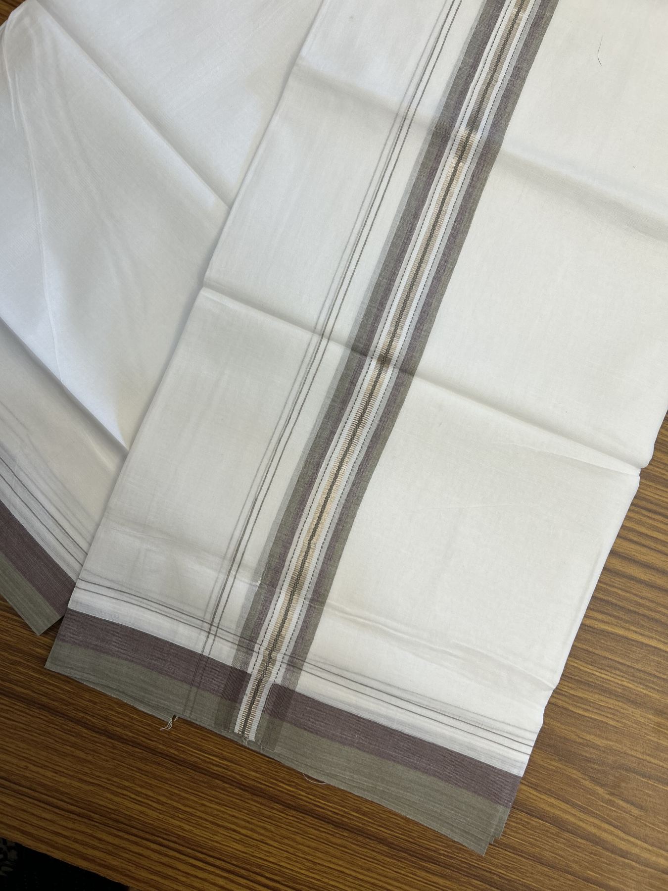 20% Discount! KaithariKada Balaramapuram 100% Cotton Double Pure white Mundu/Dhoti - 100X80 - 1.5 inch Silver Sage Green & Wine Purple shaded Stripes kara - 4 mtr ( 8.5 muzham) - 133 KK5341 VIN