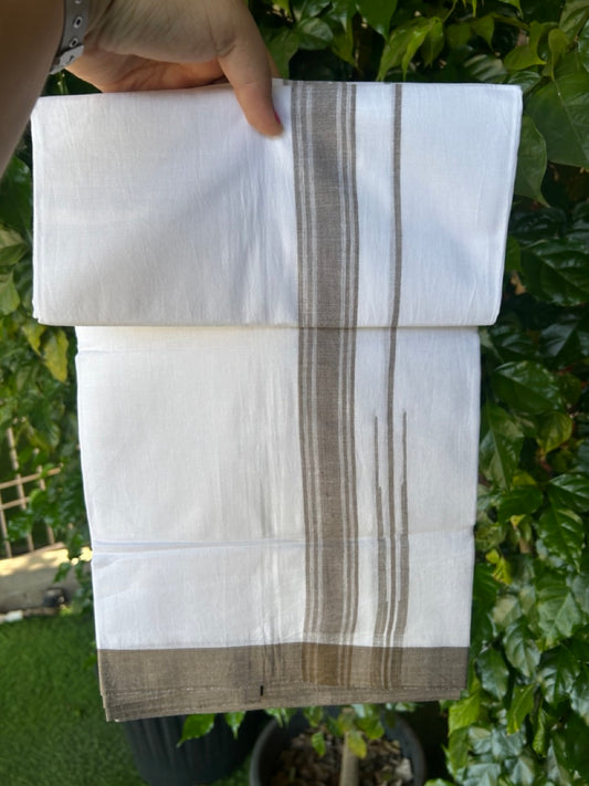 20% Discount!!! KaithariKada Balaramapuram  Double PURE WHITE Mundu/Dhoti - (80s) - 1.25 inch  puliyilakkara Dark Sage Green Shaded Striped chutty Kara - 3.82 mtr ( 8 muzham)- 9KK5239 GAN