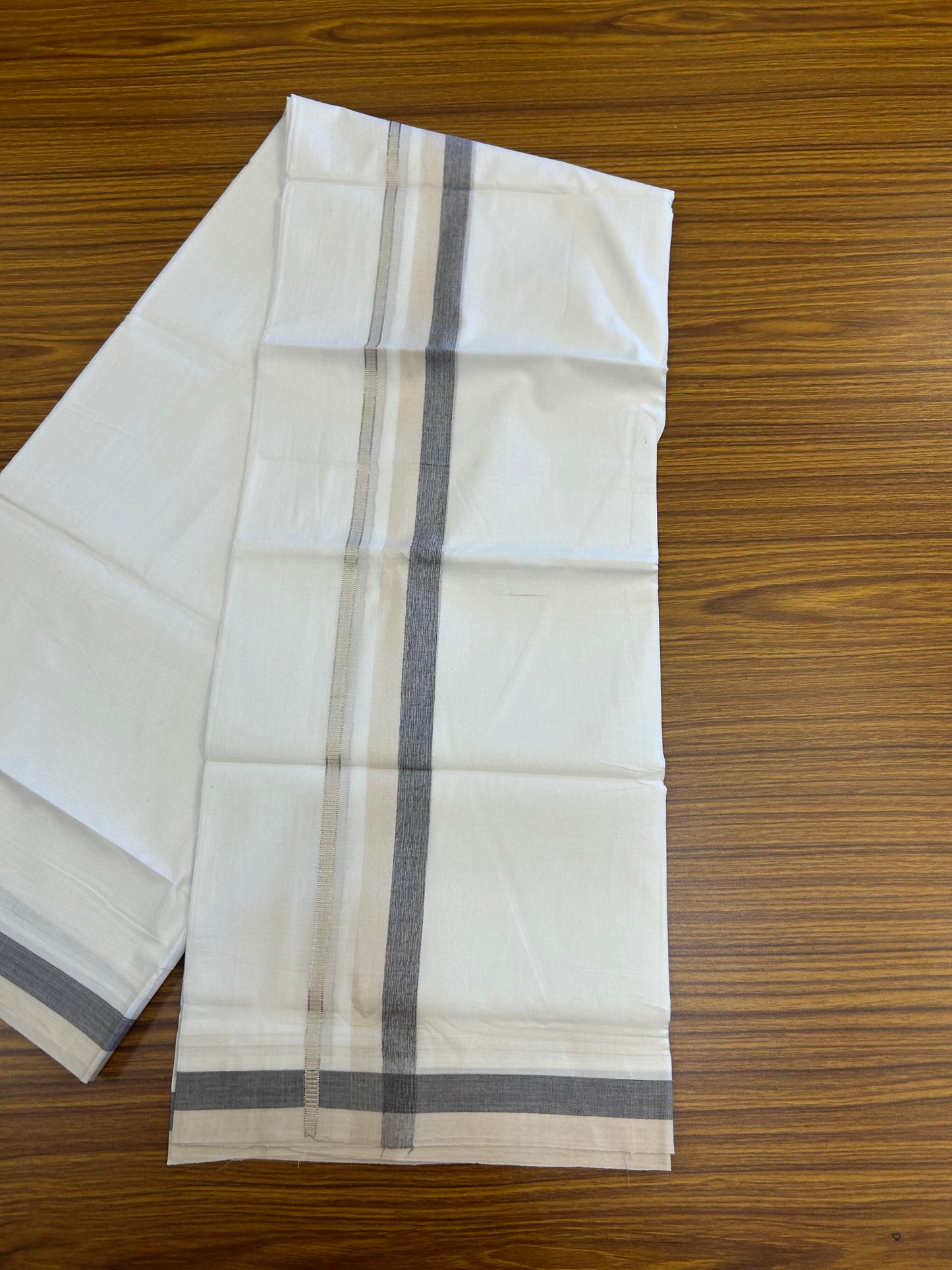 20% Discount ! KaithariKada Balaramapuram 100% Cotton Pure white Double Mundu/Dhoti - 100x80 - 1.25 inch Cream & Ash Black Shaded Kara with Silver Kasav 4 M (8.5 muzham) - 71 KK5363 VIN