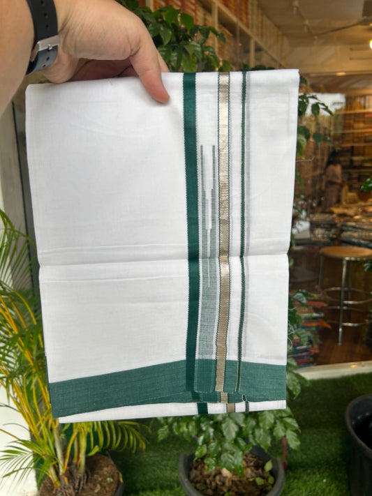 20% Discount ! Kaitharikada Balaramapuram 100% Cotton PURE WHITE Double Mundu/Dothi - 100x80 - 1.5 inch Silver Kasavu & Dark Green Striped chutty kara - 32KK5183VIN
