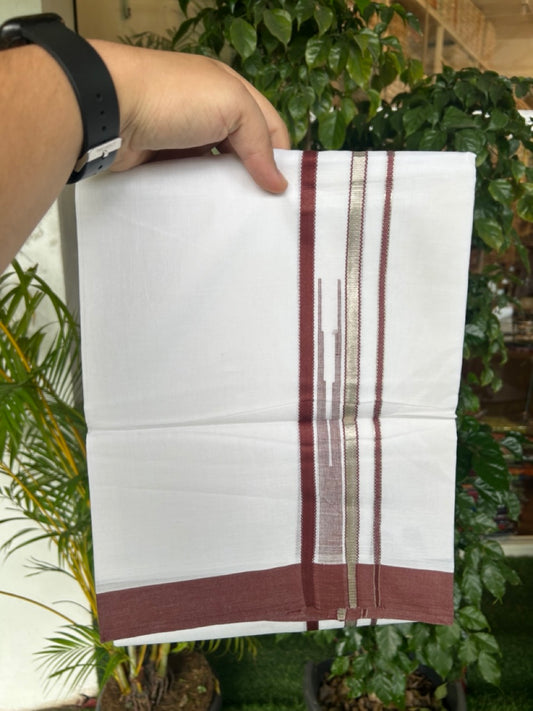 20% Discount ! Kaitharikada Balaramapuram 100% Cotton PURE WHITE Double Mundu/Dothi - 100x80 - 1.5 inch Silver Kasavu & Brownish Maroon Striped chutty kara - 33KK5183VIN