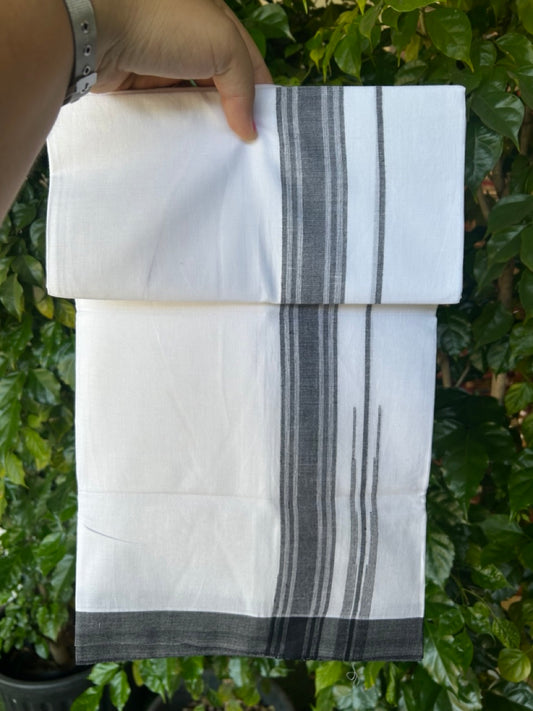 20% Discount!!! KaithariKada Balaramapuram  Double PURE WHITE Mundu/Dhoti - (80s) - 1.5 inch  puliyilakkara Black Shaded Striped chutty Kara - 3.82 mtr ( 8 muzham)- 10KK5239 GAN