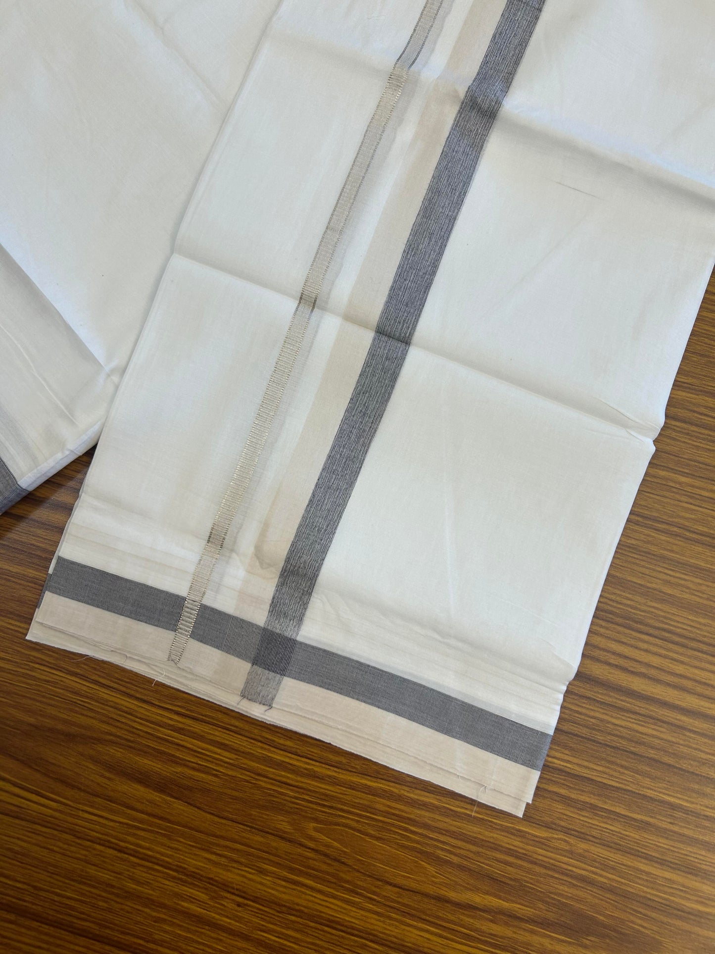 20% Discount ! KaithariKada Balaramapuram 100% Cotton Pure white Double Mundu/Dhoti - 100x80 - 1.25 inch Cream & Ash Black Shaded Kara with Silver Kasav 4 M (8.5 muzham) - 71 KK5363 VIN