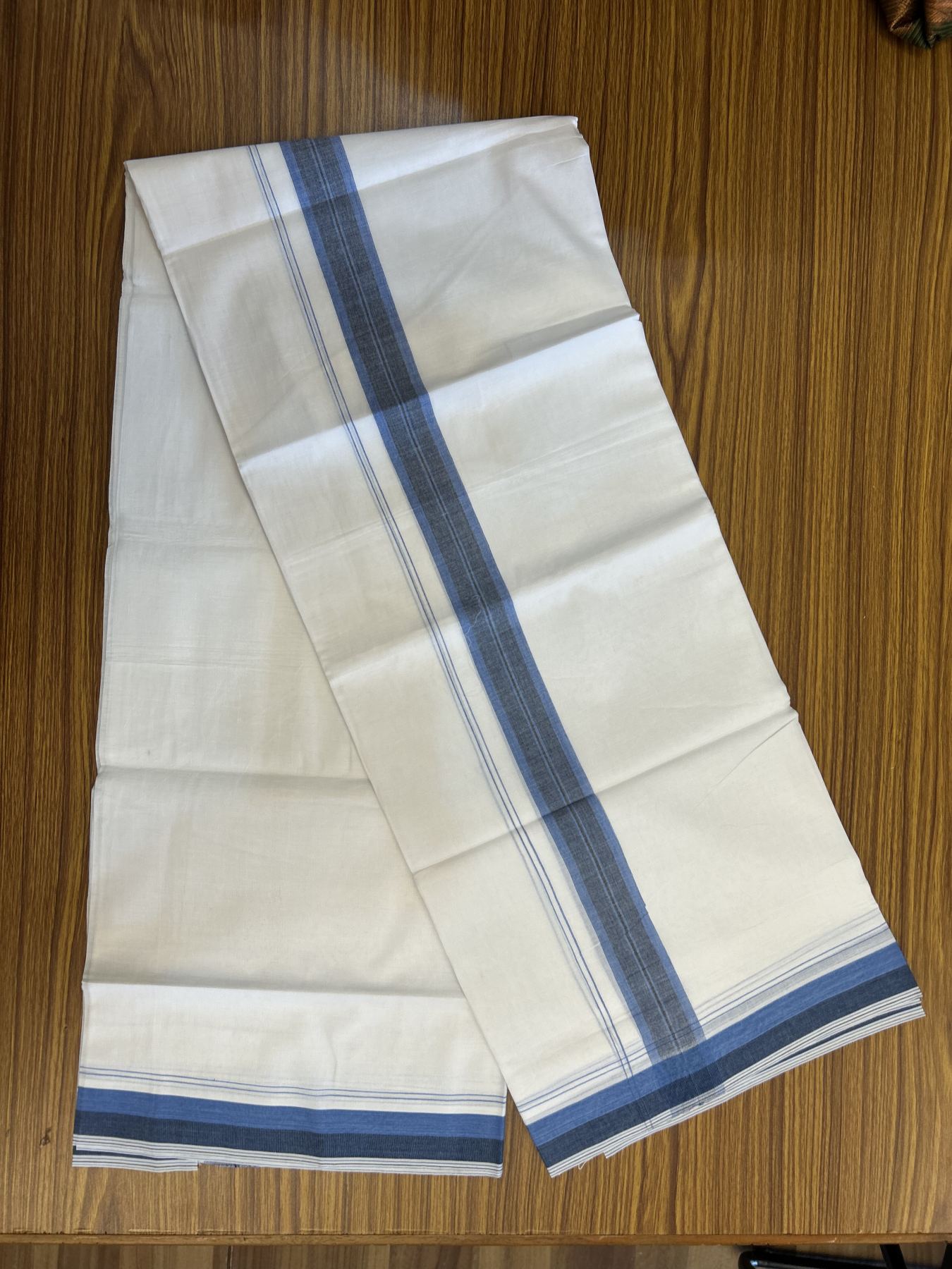 20% Discount! KaithariKada Balaramapuram 100% Cotton Double Pure white Mundu/Dhoti - 100X80 - 1.5 inch Light Blue & Navy Blue shaded Stripes kara - 4 mtr ( 8.5 muzham) - 121 KK5341 VIN