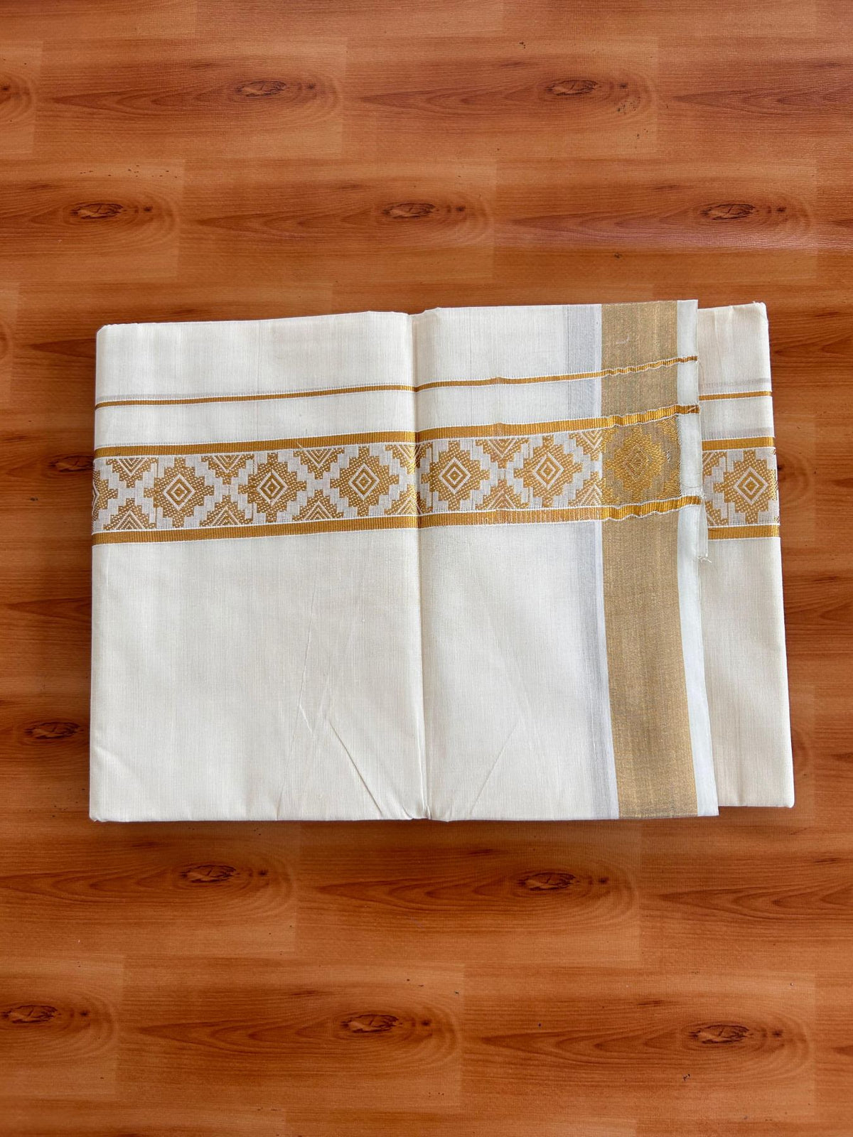 Double Off White (Unbleached) Mund/Dhoti - 20% Discount! KaithariKada Mixed Cotton - 60s - 2 inch Gold Kasav Jacquard Design Kara 4 mtr (8.5 Muzham) - 44 KK5520 PMC
