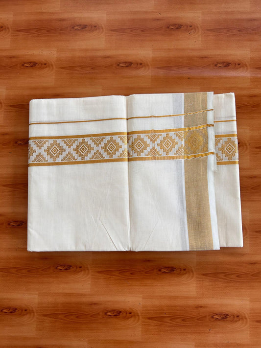 Double Off White (Unbleached) Mund/Dhoti - 20% Discount! KaithariKada Mixed Cotton - 60s - 2 inch Gold Kasav Jacquard Design Kara 4 mtr (8.5 Muzham) - 44 KK5520 PMC