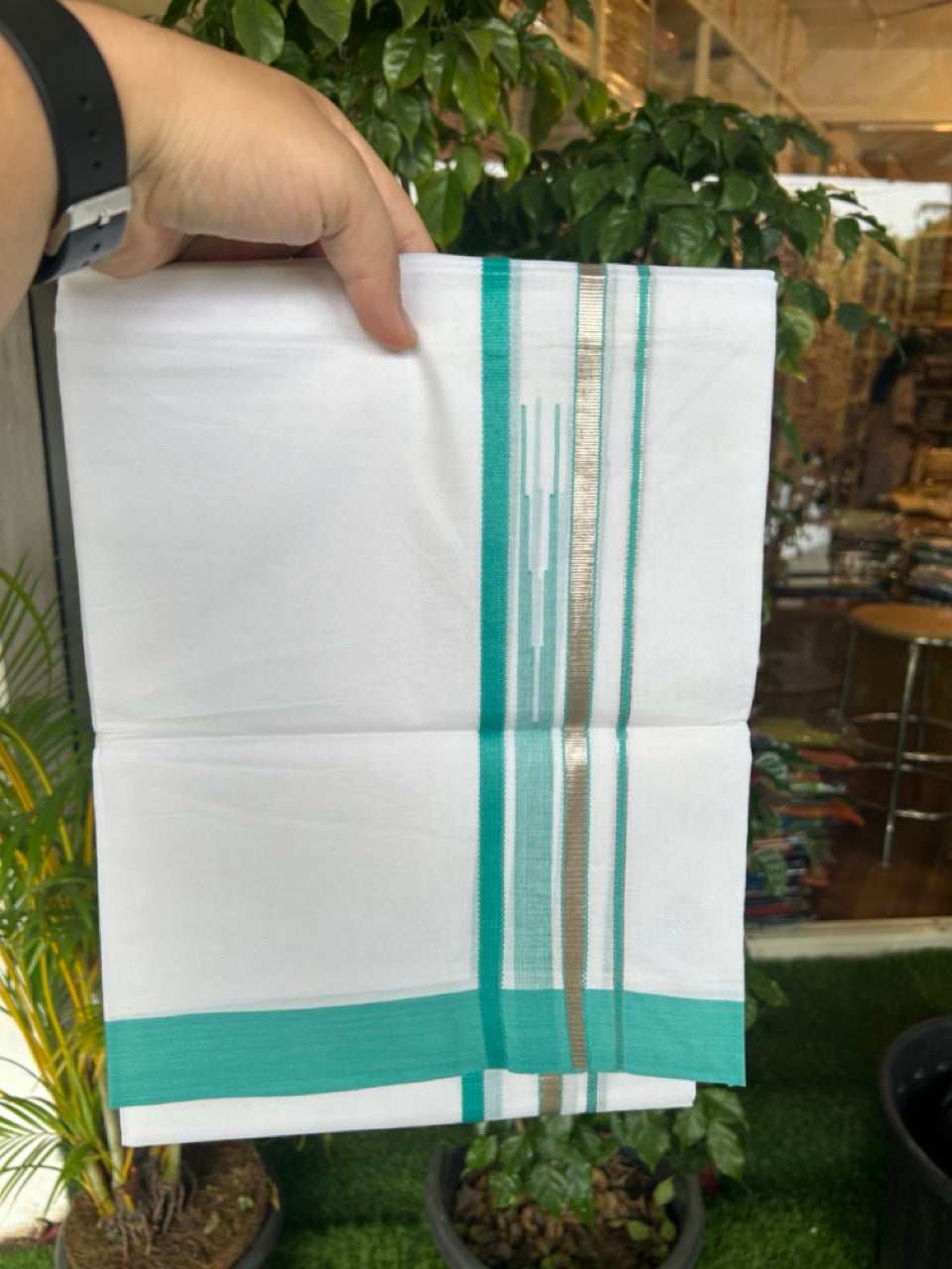 20% Discount ! Kaitharikada Balaramapuram 100% Cotton PURE WHITE Double Mundu/Dothi - 100x80 - 1.75 inch Silver Kasavu & Turquoise Green Striped chutty kara - 34KK5183VIN