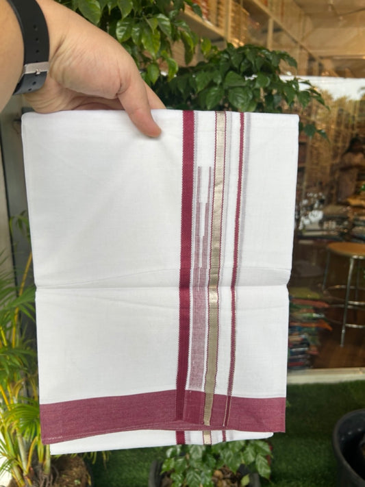 20% Discount ! Kaitharikada Balaramapuram 100% Cotton PURE WHITE Double Mundu/Dothi - 100x80 - 1.5 inch Silver Kasavu & Light Maroon Striped chutty kara - 35KK5183VIN