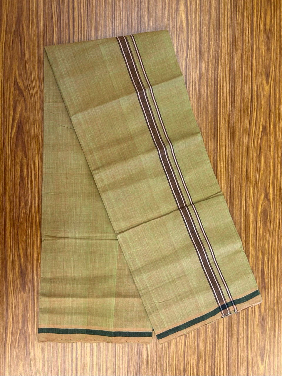 Handloom Single Hallmarked - 10% Discount !! KaithariKada 100% Pure Cotton - Mundu/Dhoti Yellow Green Body - 0.75 inch Marron Stripes Kara- (2 meter / 4 muzham) - 50 KK8032 ELA