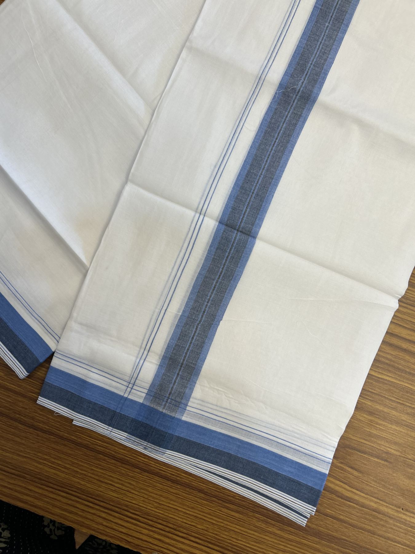 20% Discount! KaithariKada Balaramapuram 100% Cotton Double Pure white Mundu/Dhoti - 100X80 - 1.5 inch Light Blue & Navy Blue shaded Stripes kara - 4 mtr ( 8.5 muzham) - 121 KK5341 VIN