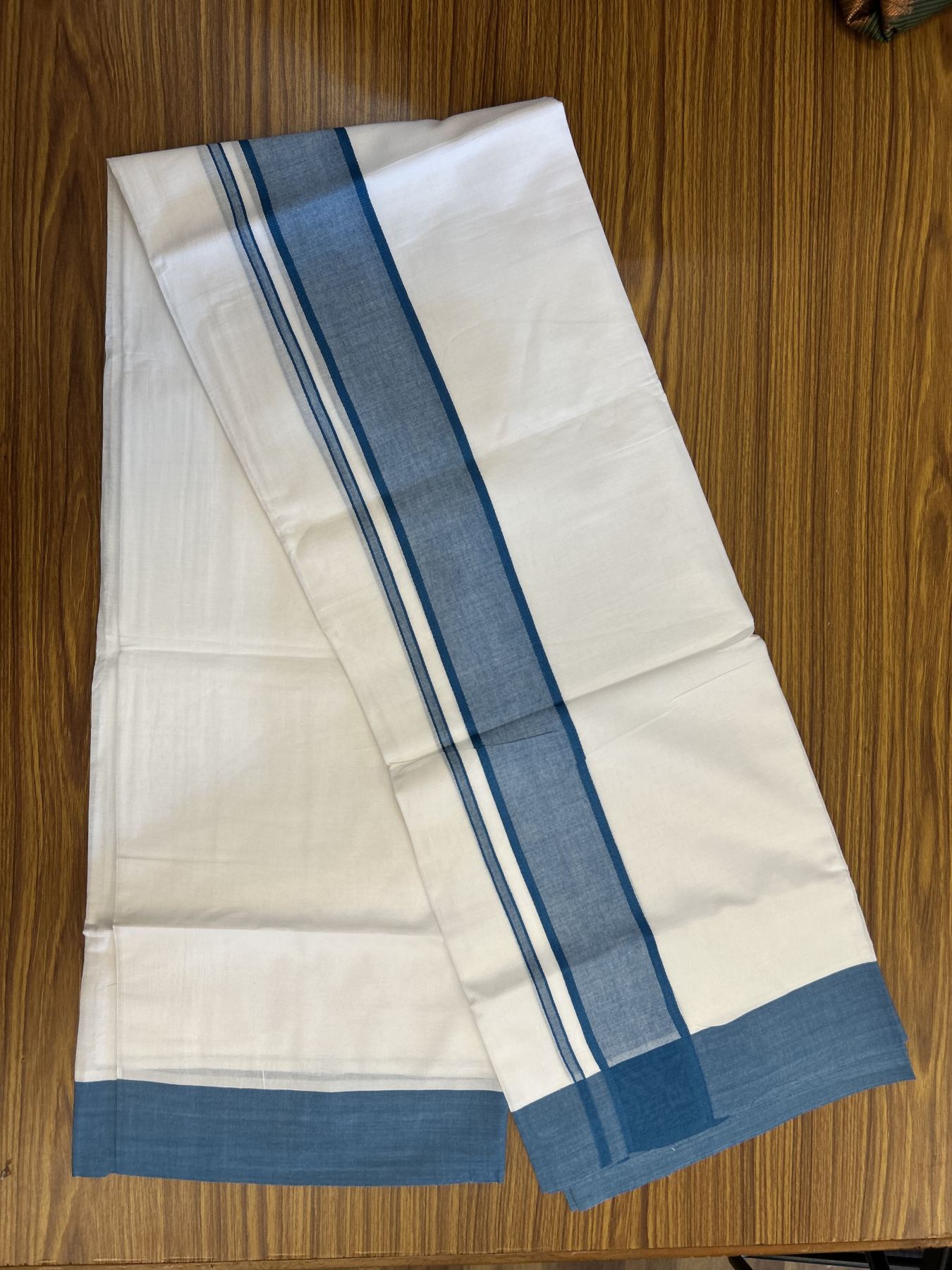 20% Discount! KaithariKada Balaramapuram 100% Cotton Double Pure white Mundu/Dhoti- 100X80 - 2.25 inch Blue kara - 4 mtr ( 8.5 muzham) - 1 KK5341 VIN